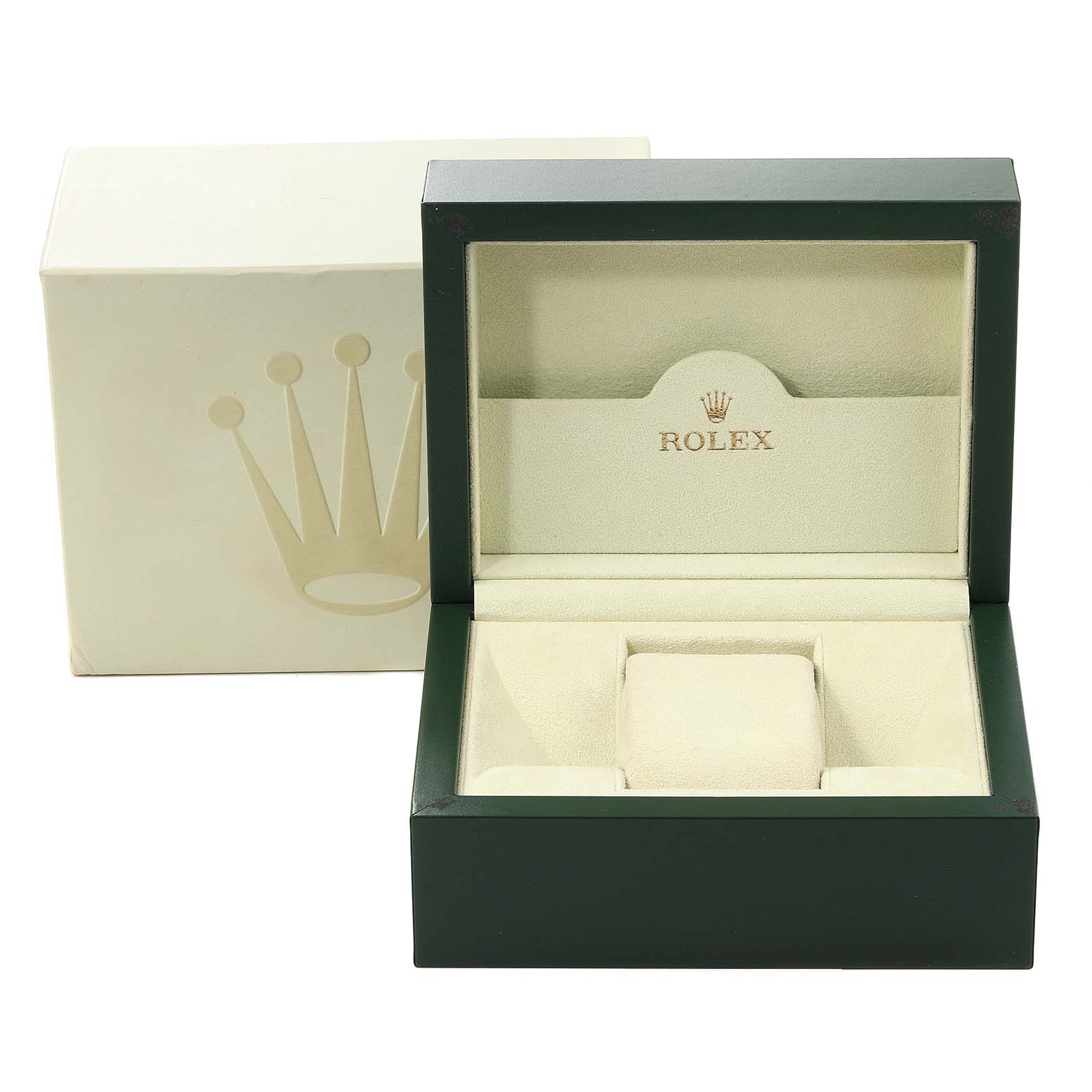 This image shows the open box for the Rolex Datejust 116233 Men's Steel and Gold (two tone) White Dial 116233 Men's Steel and Gold (two tone) White Dial model with the Rolex logo visible inside.