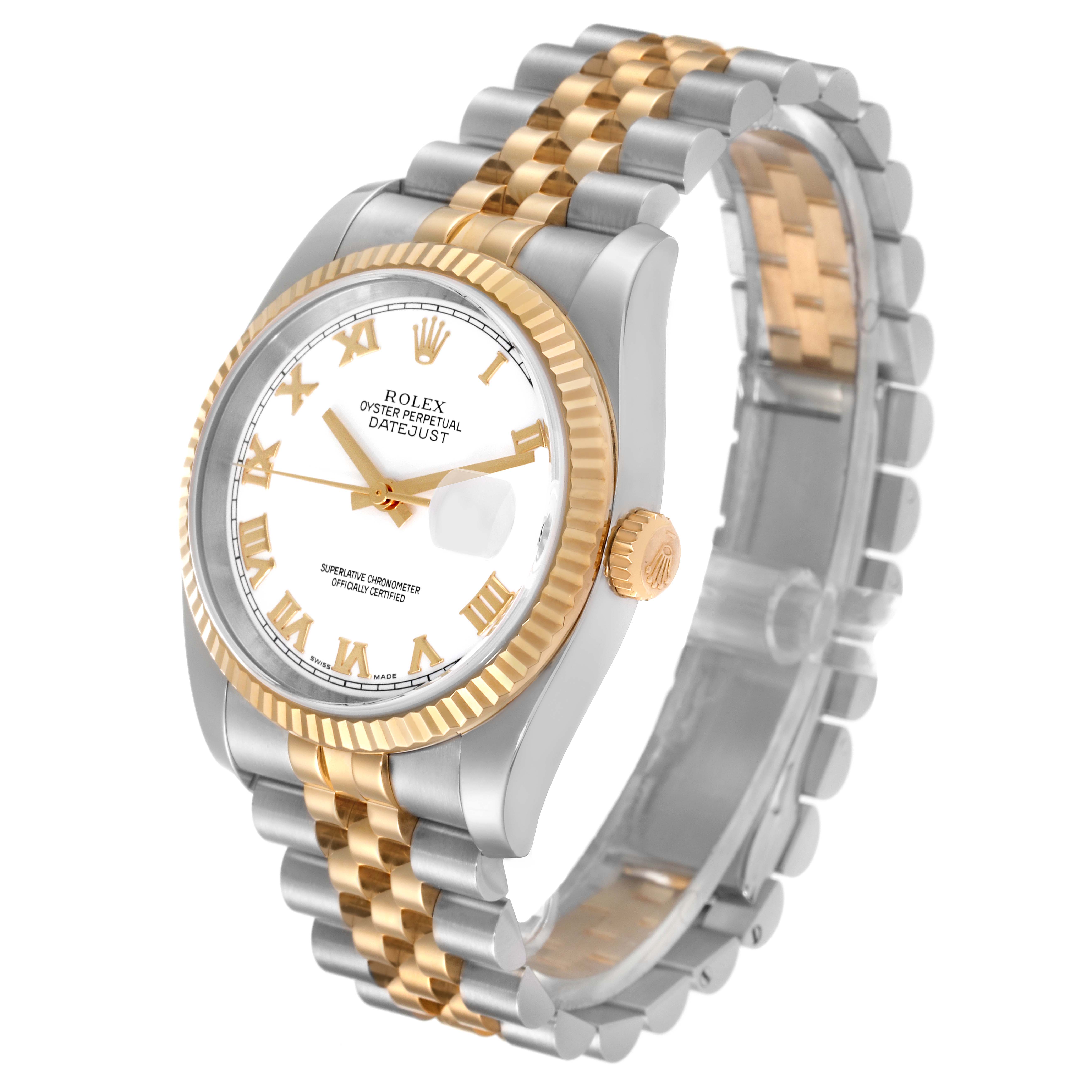The image shows a Rolex Datejust 116233 Men's Steel and Gold (two tone) White Dial 116233 Men's Steel and Gold (two tone) White Dial model watch displayed at a slight angle, highlighting its dial, bezel, and two-tone bracelet.