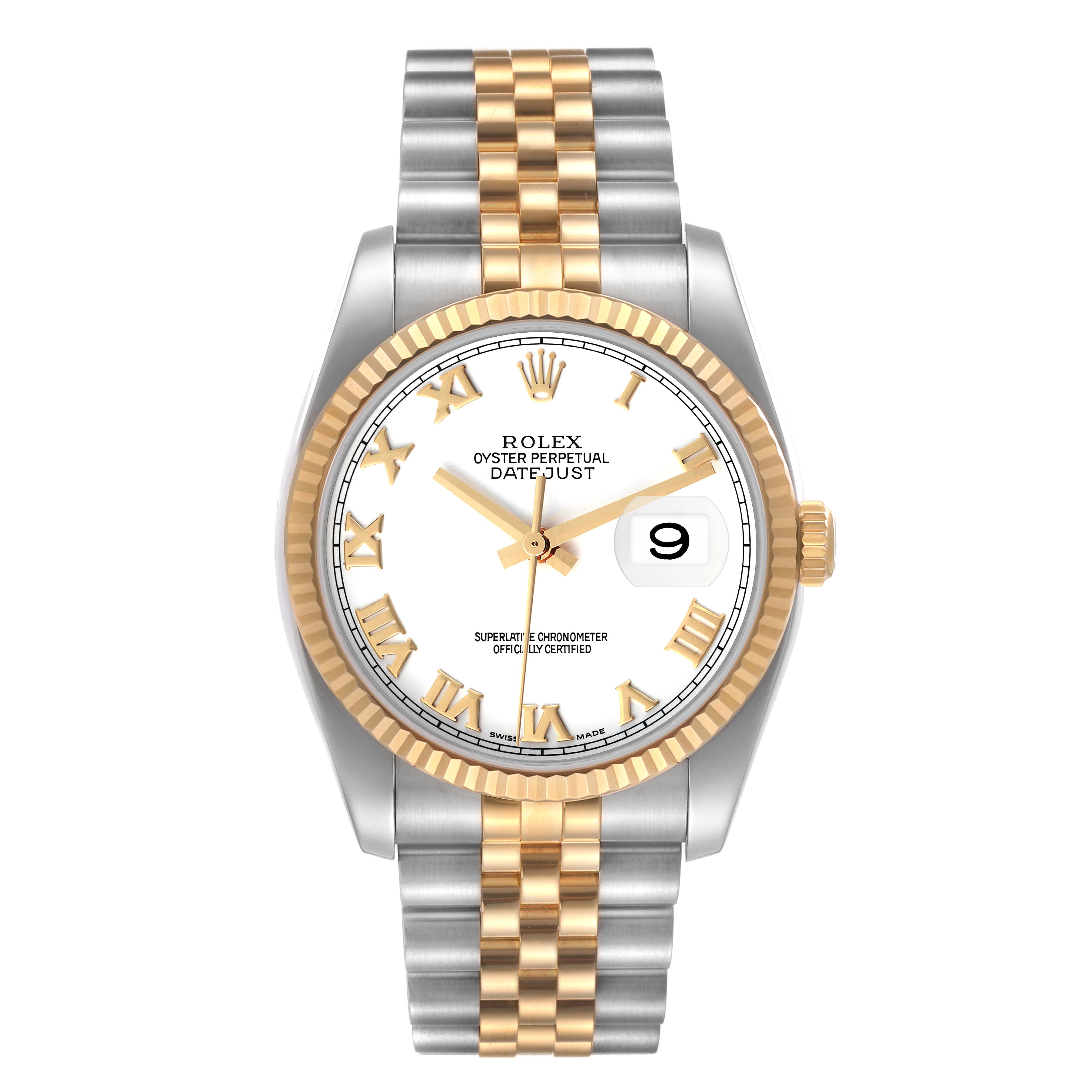 The image shows a Rolex Datejust 116233 Men's Steel and Gold (two tone) White Dial 116233 Men's Steel and Gold (two tone) White Dial watch from a front angle, displaying its dial, bezel, and two-tone bracelet.