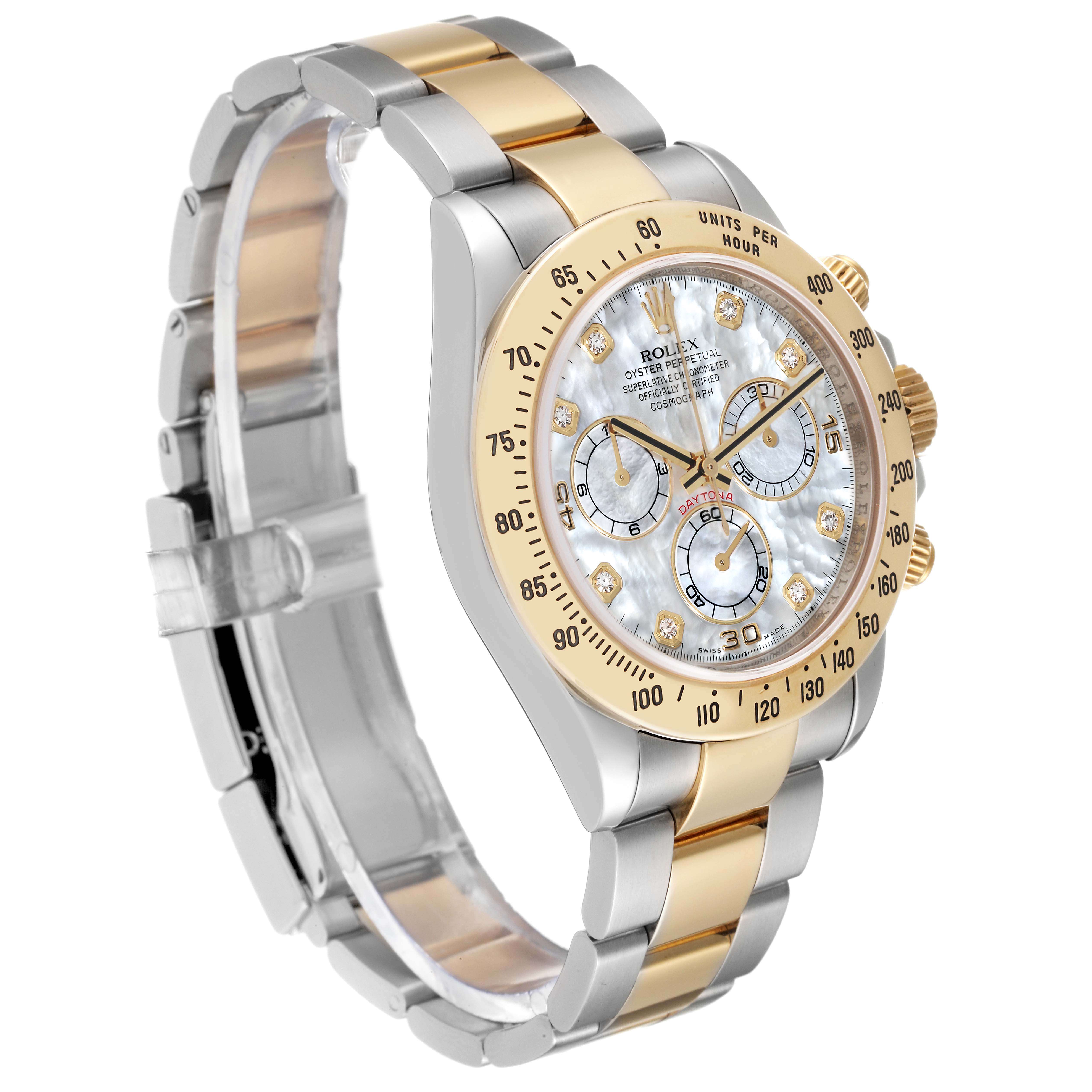 The Rolex Daytona 116523 Men's Steel and Gold (two tone) Mother of Pearl Dial 116523 Men's Steel and Gold (two tone) Mother of Pearl Dial watch is shown at a three-quarter angle, highlighting its face, bezel, case, and bracelet.