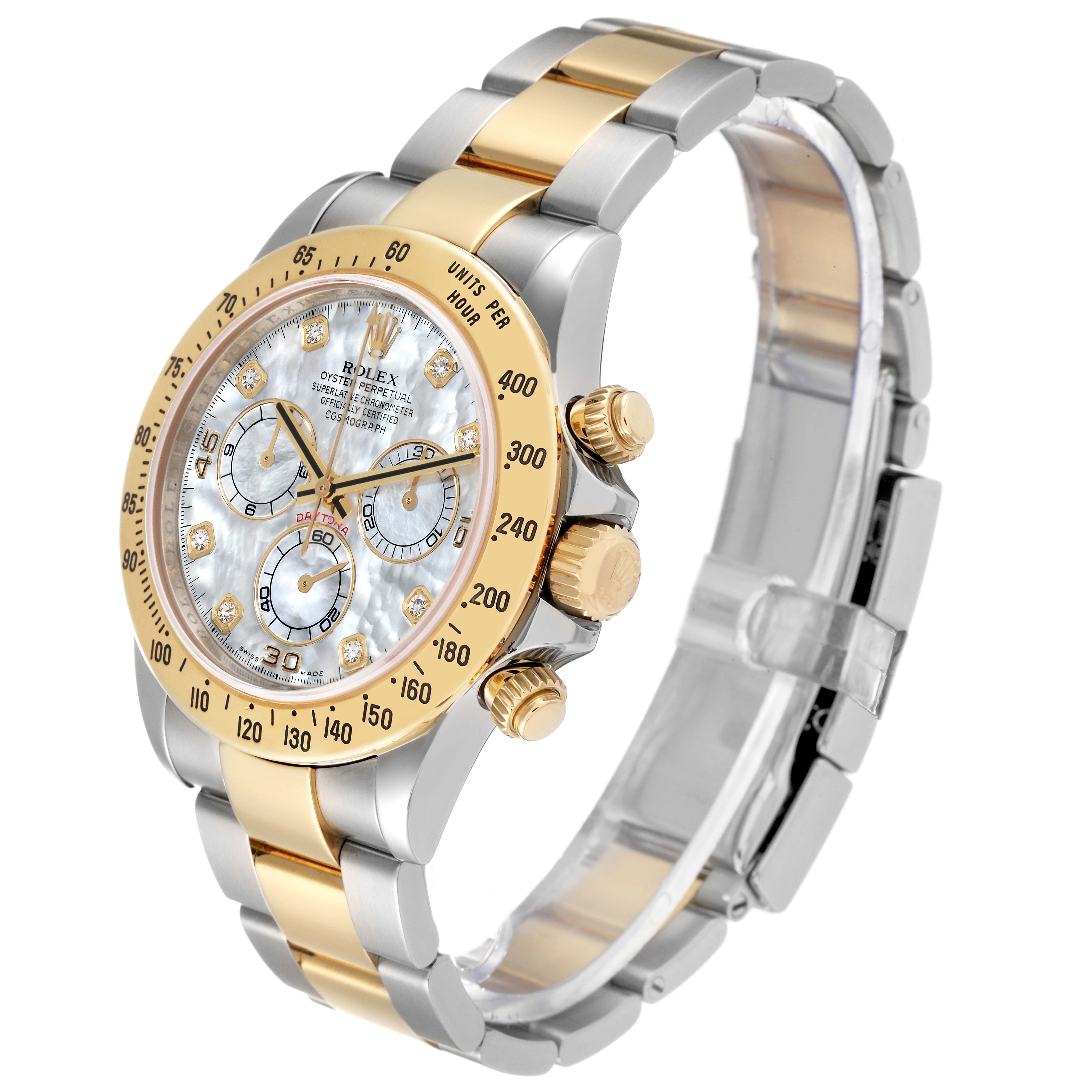 The Rolex Daytona 116523 Men's Steel and Gold (two tone) Mother of Pearl Dial 116523 Men's Steel and Gold (two tone) Mother of Pearl Dial watch is shown at a slight angle, displaying the face, bezel, and bracelet.