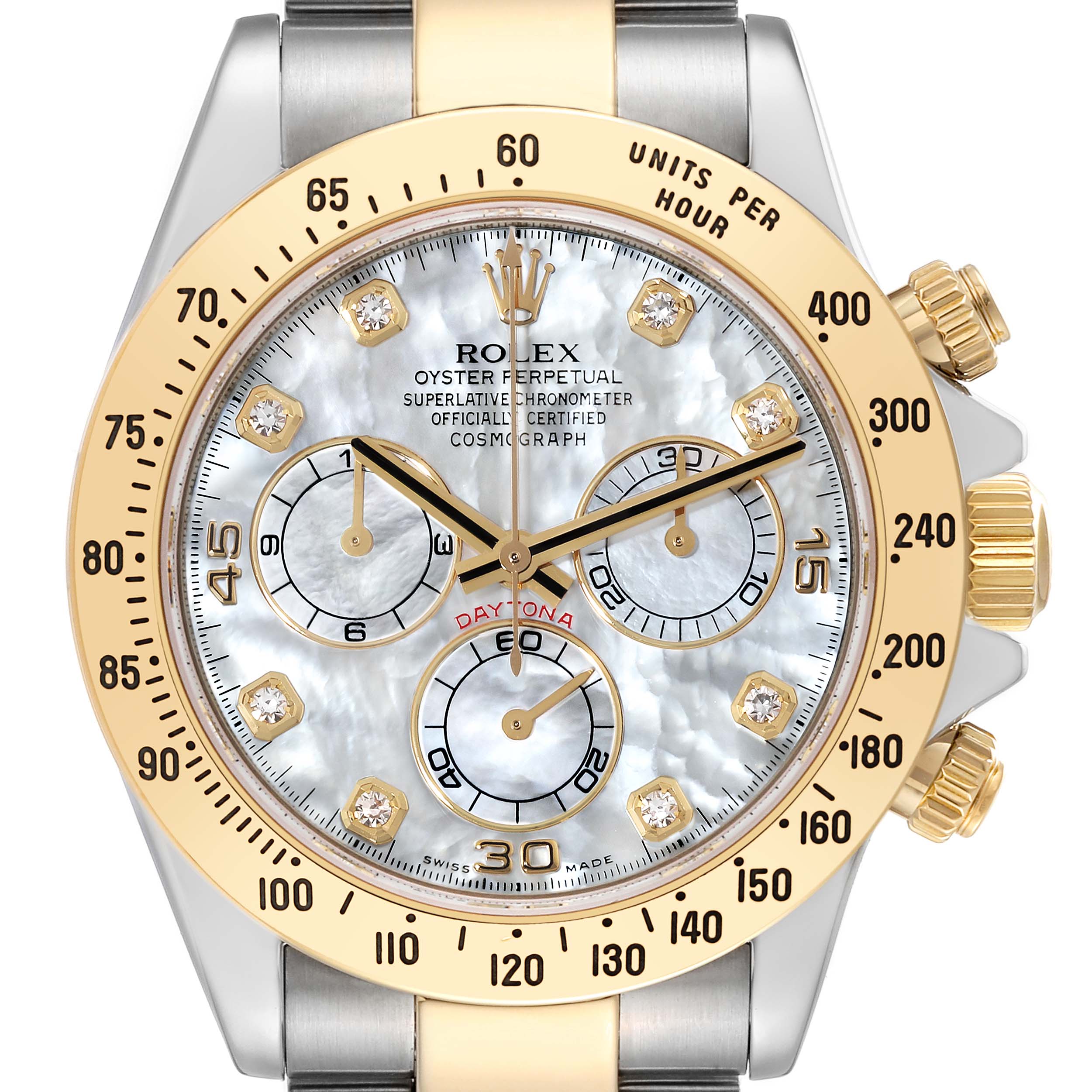 The image shows a close-up view of the Rolex Daytona 116523 Men's Steel and Gold (two tone) Mother of Pearl Dial 116523 Men's Steel and Gold (two tone) Mother of Pearl Dial watch's dial and bezel.