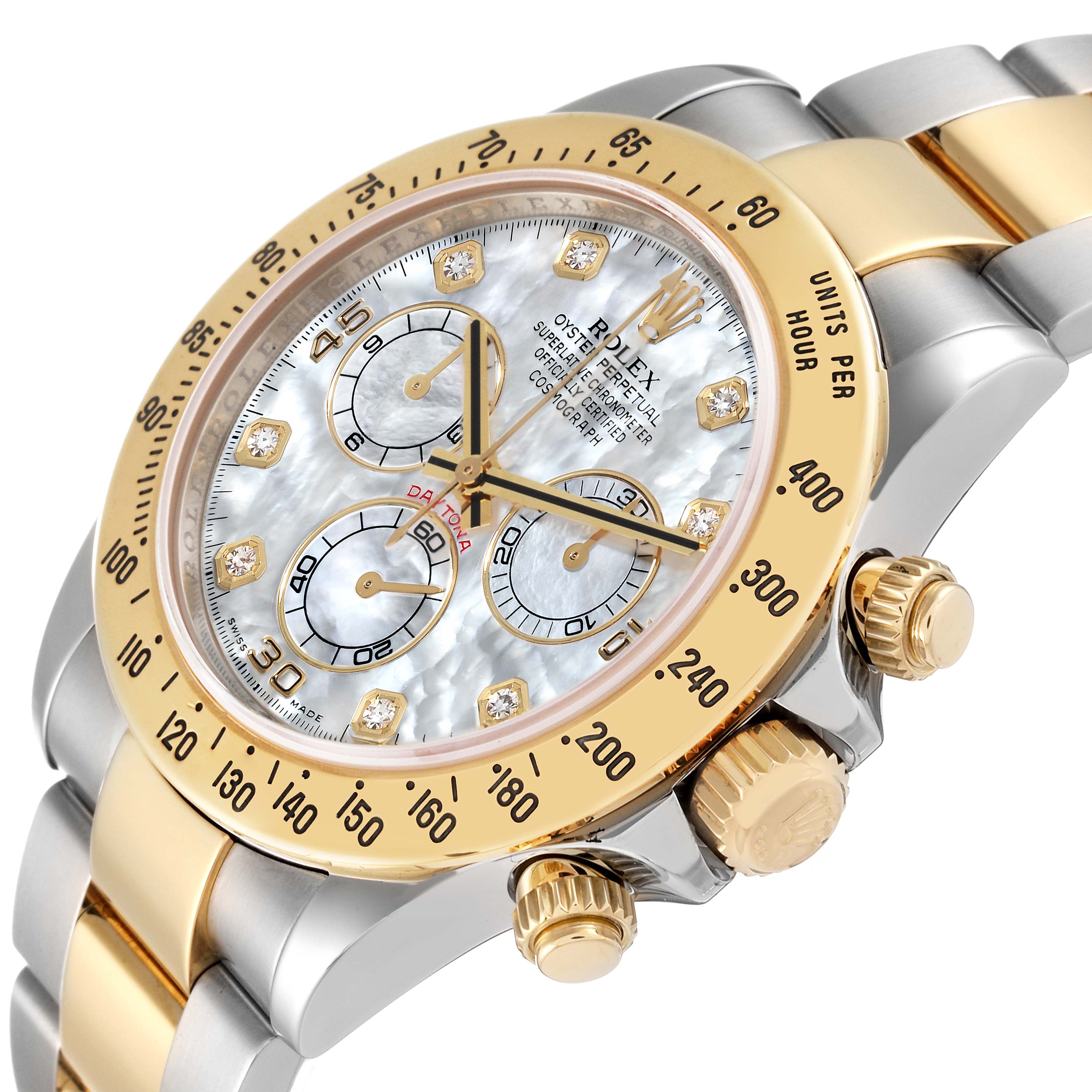 This image shows a close-up side angle of a Rolex Daytona 116523 Men's Steel and Gold (two tone) Mother of Pearl Dial 116523 Men's Steel and Gold (two tone) Mother of Pearl Dial watch, highlighting its gold bezel, dials, crown, and bracelet.