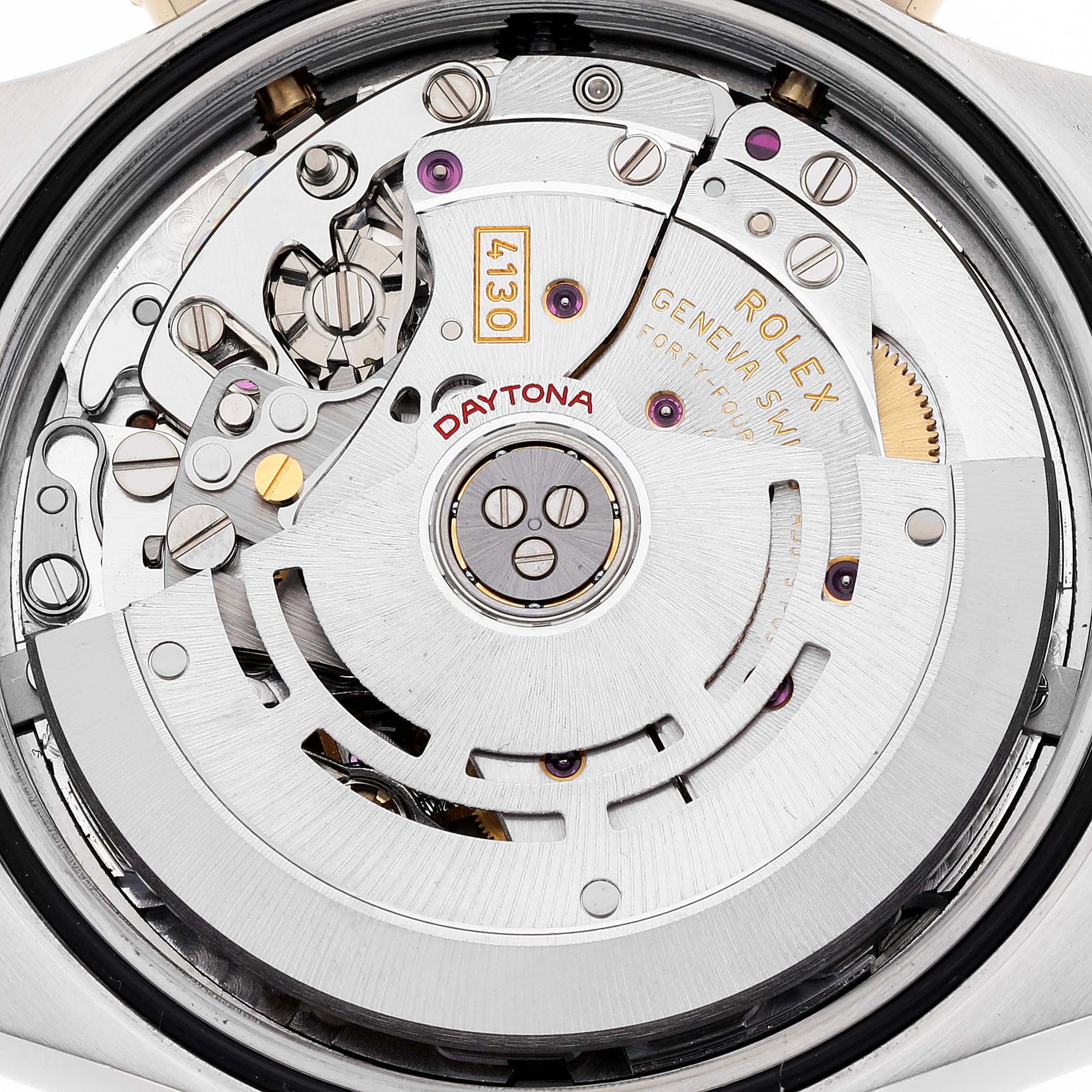 This image shows the movement mechanism of a Rolex Daytona 116523 Men's Steel and Gold (two tone) Mother of Pearl Dial 116523 Men's Steel and Gold (two tone) Mother of Pearl Dial watch from a top-down angle.
