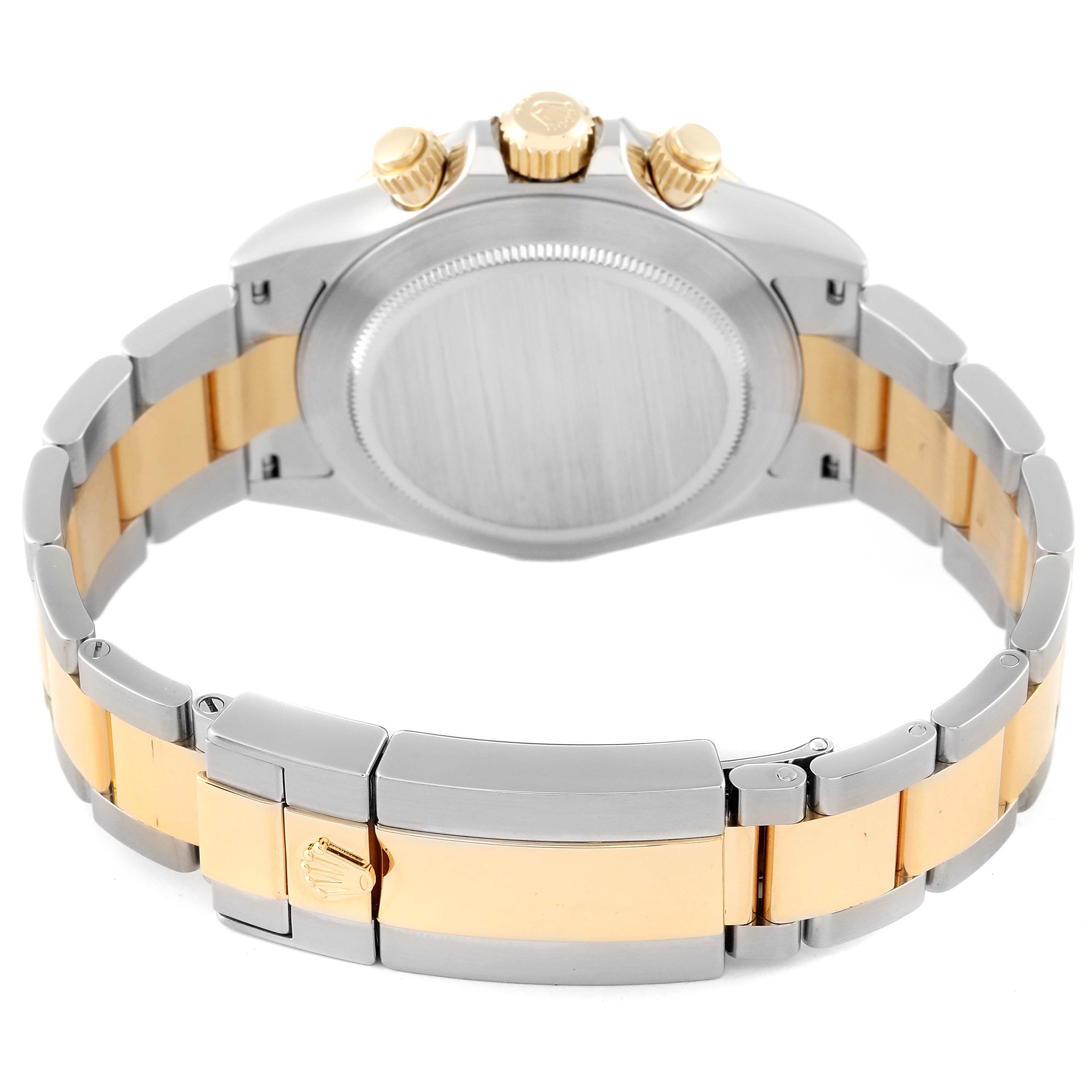 This image shows the back view of a Rolex Daytona 116523 Men's Steel and Gold (two tone) Mother of Pearl Dial 116523 Men's Steel and Gold (two tone) Mother of Pearl Dial watch, including the bracelet and clasp.