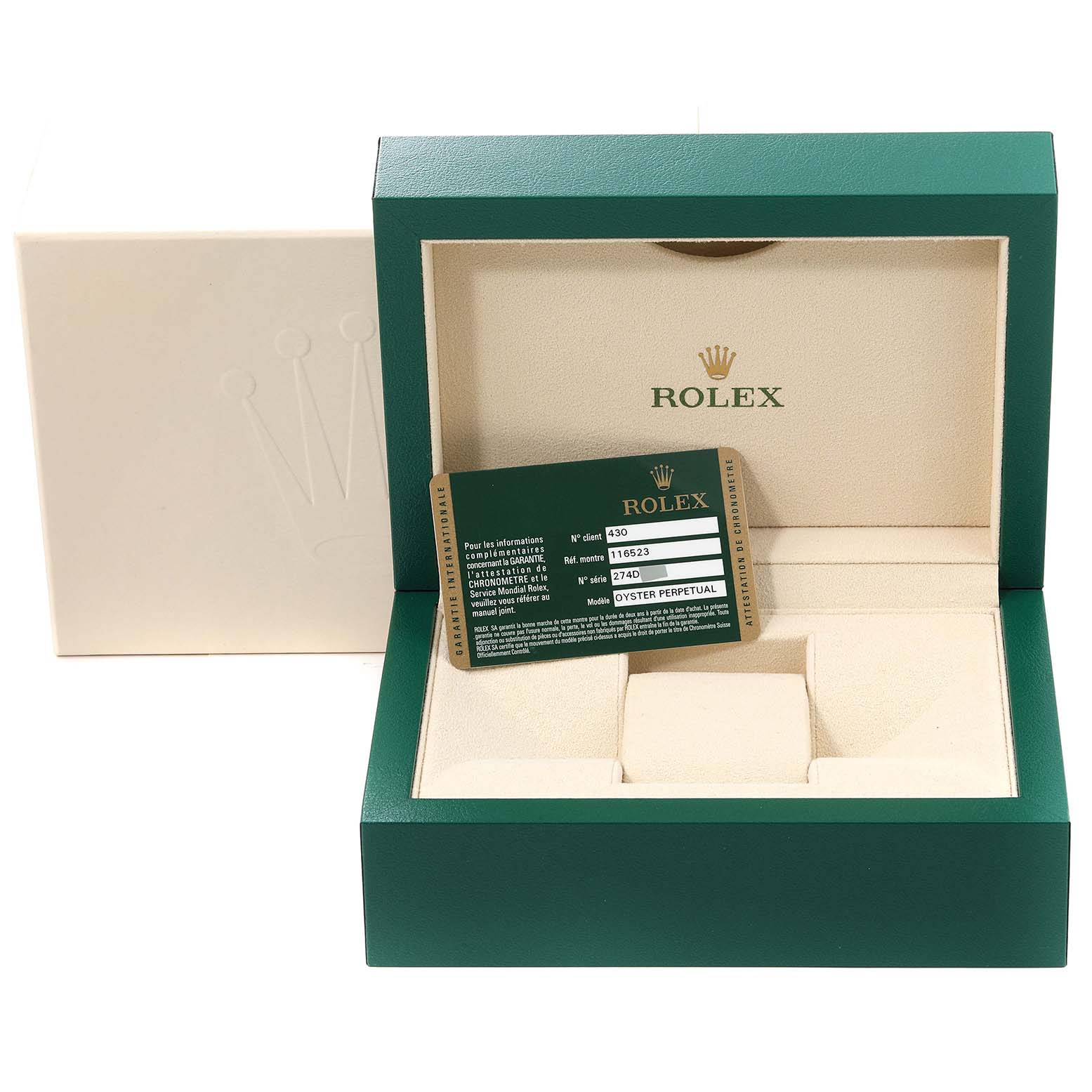 The image shows an open Rolex Daytona 116523 Men's Steel and Gold (two tone) Mother of Pearl Dial 116523 Men's Steel and Gold (two tone) Mother of Pearl Dial watch box with an authenticity card inside.