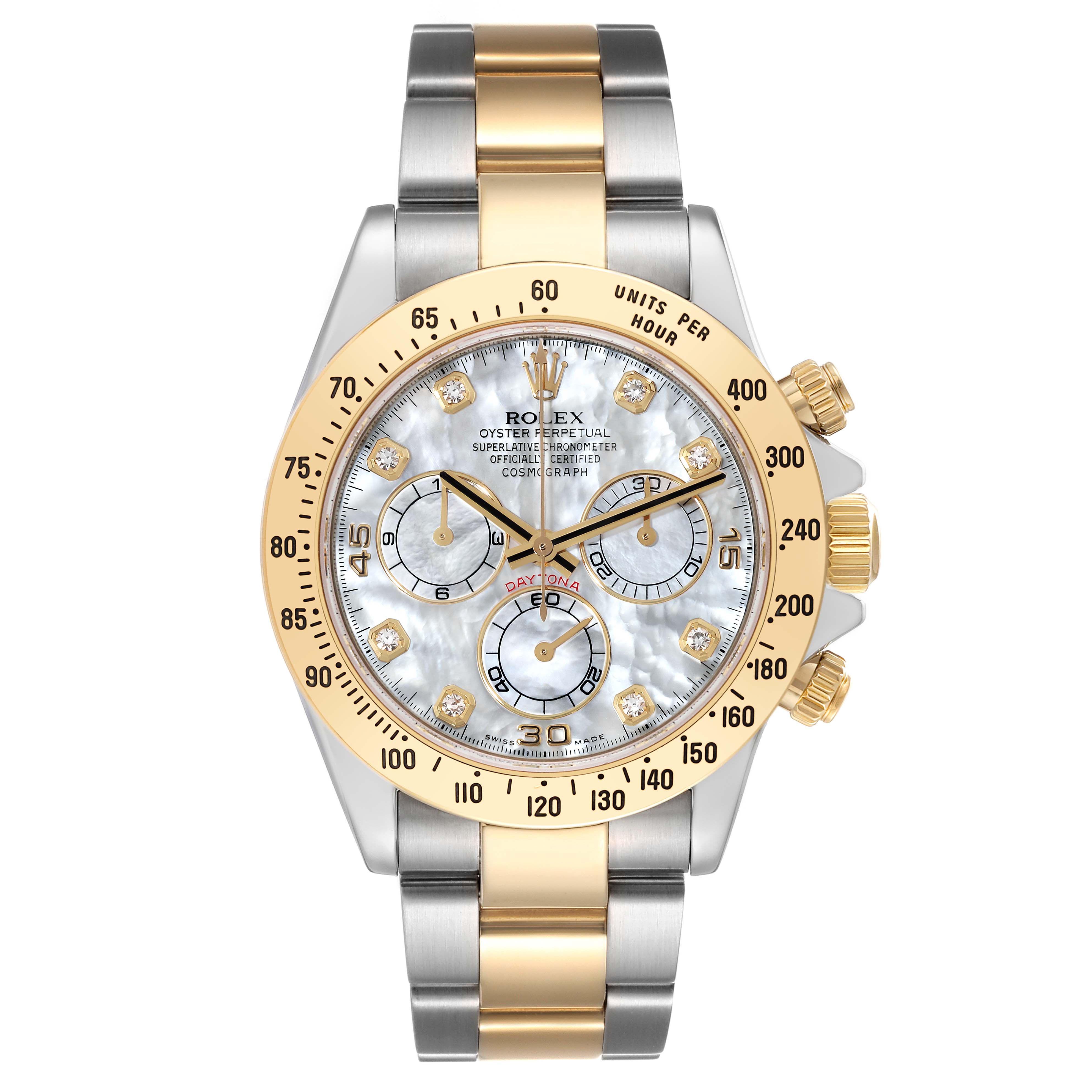 The Rolex Daytona 116523 Men's Steel and Gold (two tone) Mother of Pearl Dial 116523 Men's Steel and Gold (two tone) Mother of Pearl Dial watch is shown from a front angle, highlighting its two-tone bracelet, bezel, sub-dials, and mother-of-pearl dial.