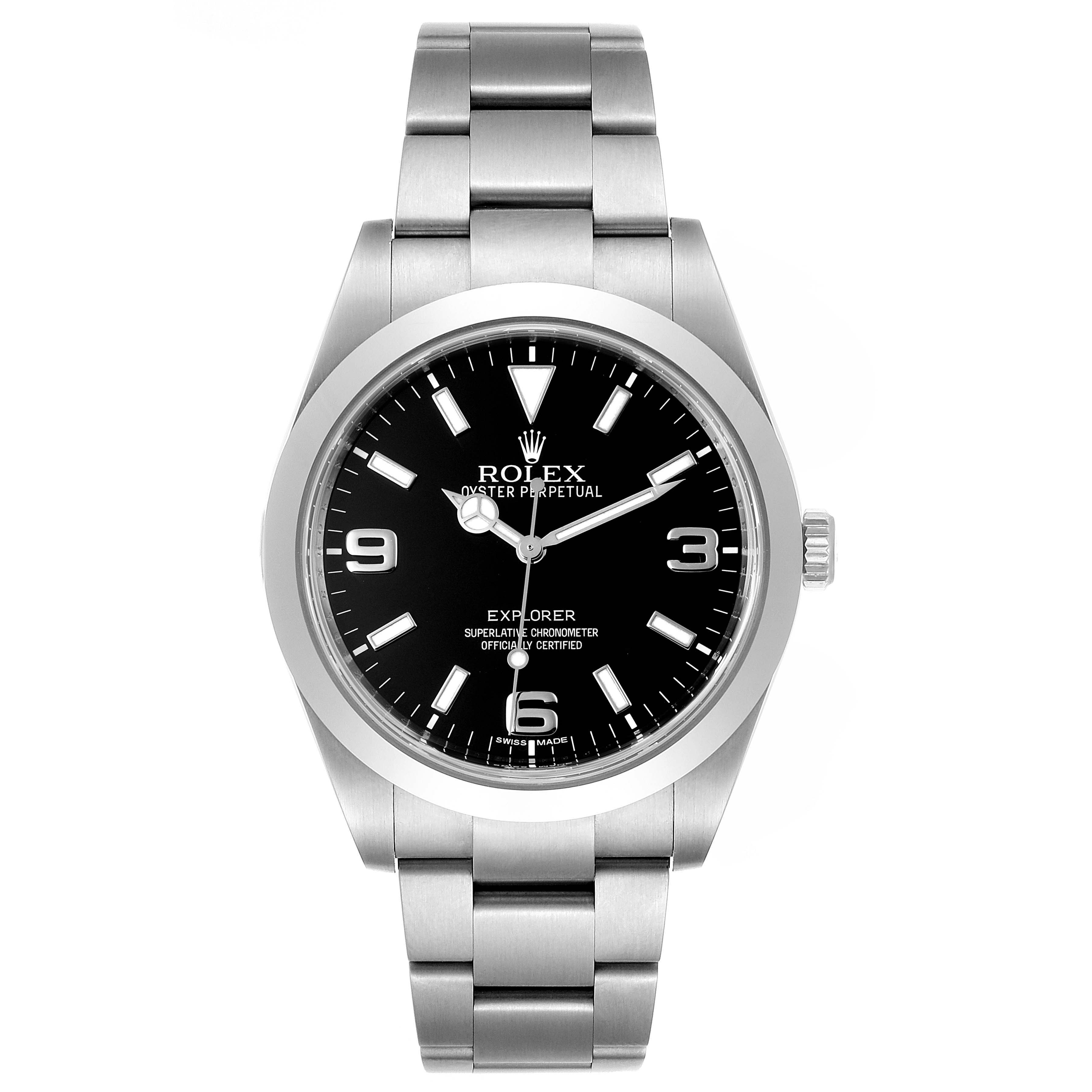 The image shows a front view of the Rolex Explorer 214270 Men
s Stainless Steel Black Dial 214270 Men
s Stainless Steel Black Dial watch, displaying the face, bezel, and band.