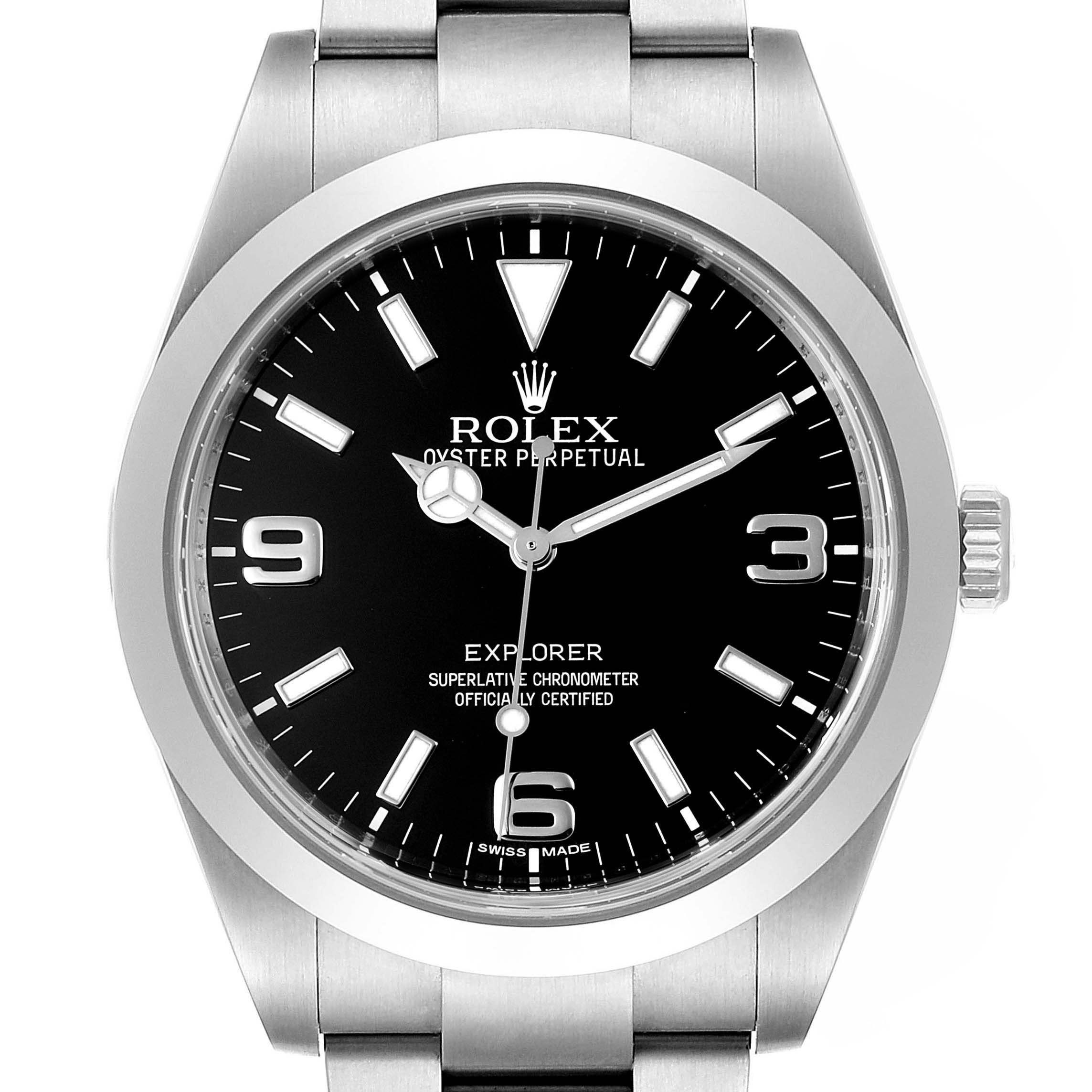 The image shows a front view of the Rolex Explorer 214270 Men
s Stainless Steel Black Dial 214270 Men
s Stainless Steel Black Dial watch, displaying its black dial, hour markers, and stainless steel bracelet.