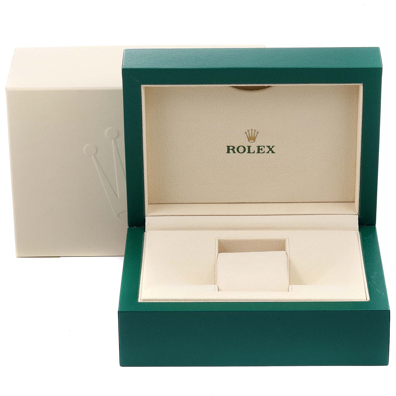 The image shows an open Rolex Explorer 214270 Men
s Stainless Steel Black Dial 214270 Men
s Stainless Steel Black Dial model watch box with another outer box in the background.