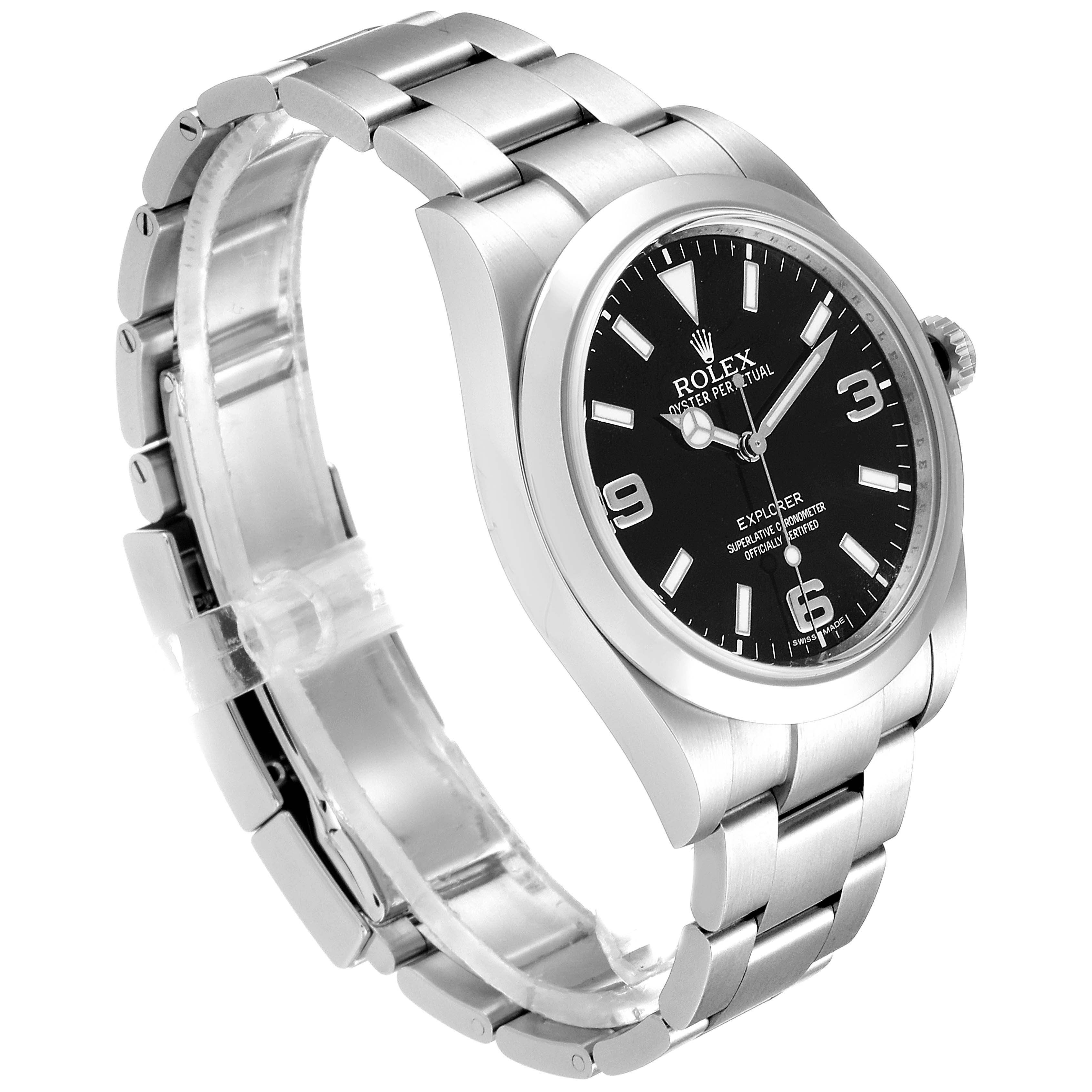 The image shows a Rolex Explorer 214270 Men
s Stainless Steel Black Dial 214270 Men
s Stainless Steel Black Dial watch at an angle, highlighting the face, bezel, crown, and bracelet.