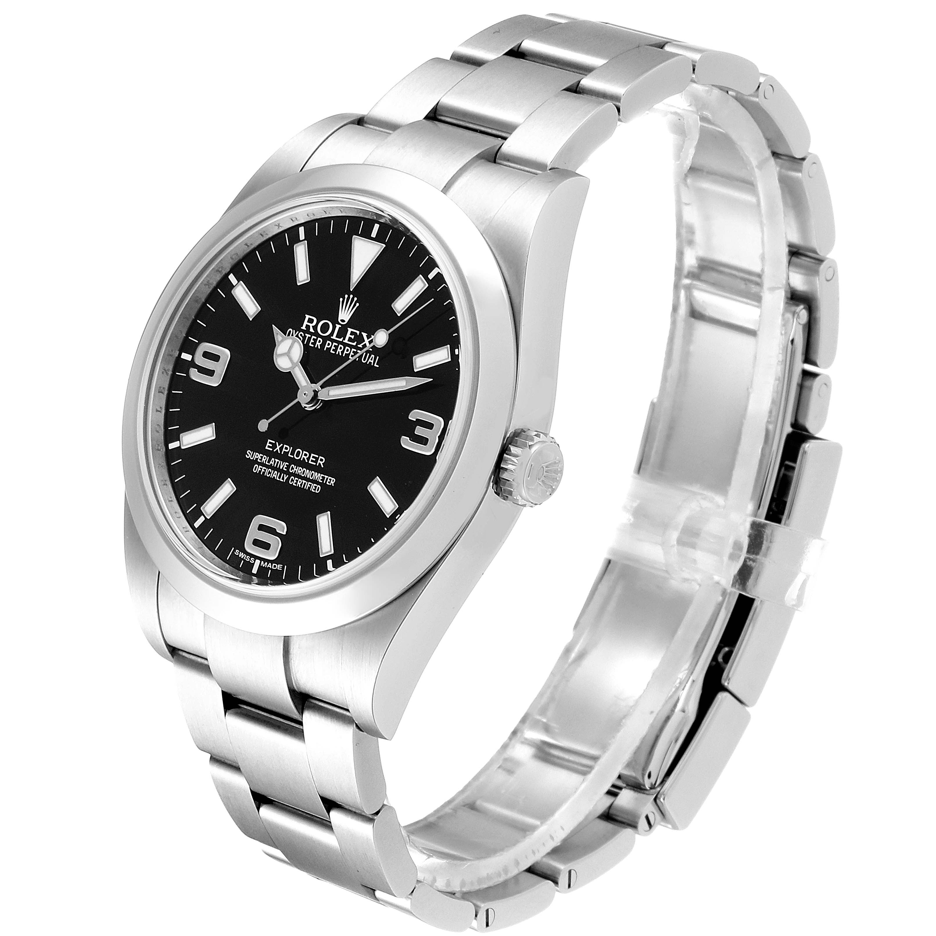 The image shows a Rolex Explorer 214270 Men
s Stainless Steel Black Dial 214270 Men
s Stainless Steel Black Dial watch at a three-quarter angle, highlighting its face, bezel, crown, and bracelet.