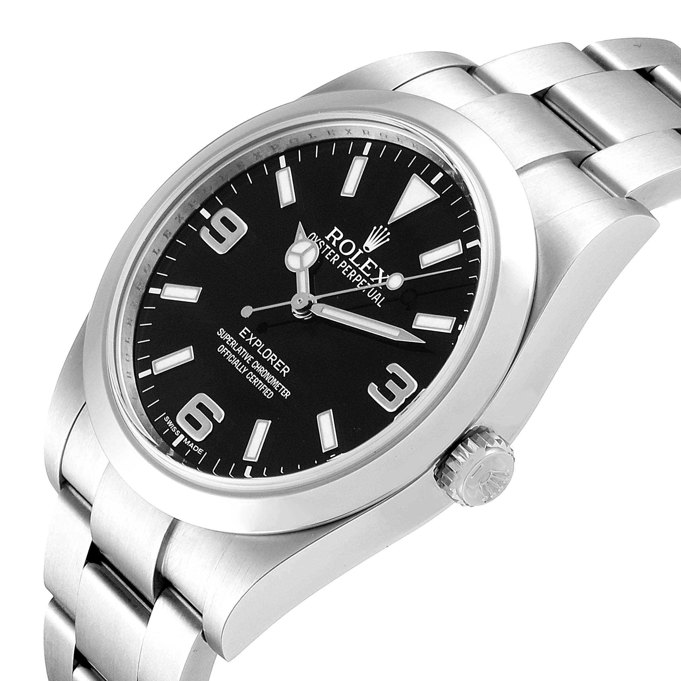 The image shows a close-up angled view of the Rolex Explorer 214270 Men
s Stainless Steel Black Dial 214270 Men
s Stainless Steel Black Dial watch, highlighting the black dial, bezel, crown, and part of the bracelet.