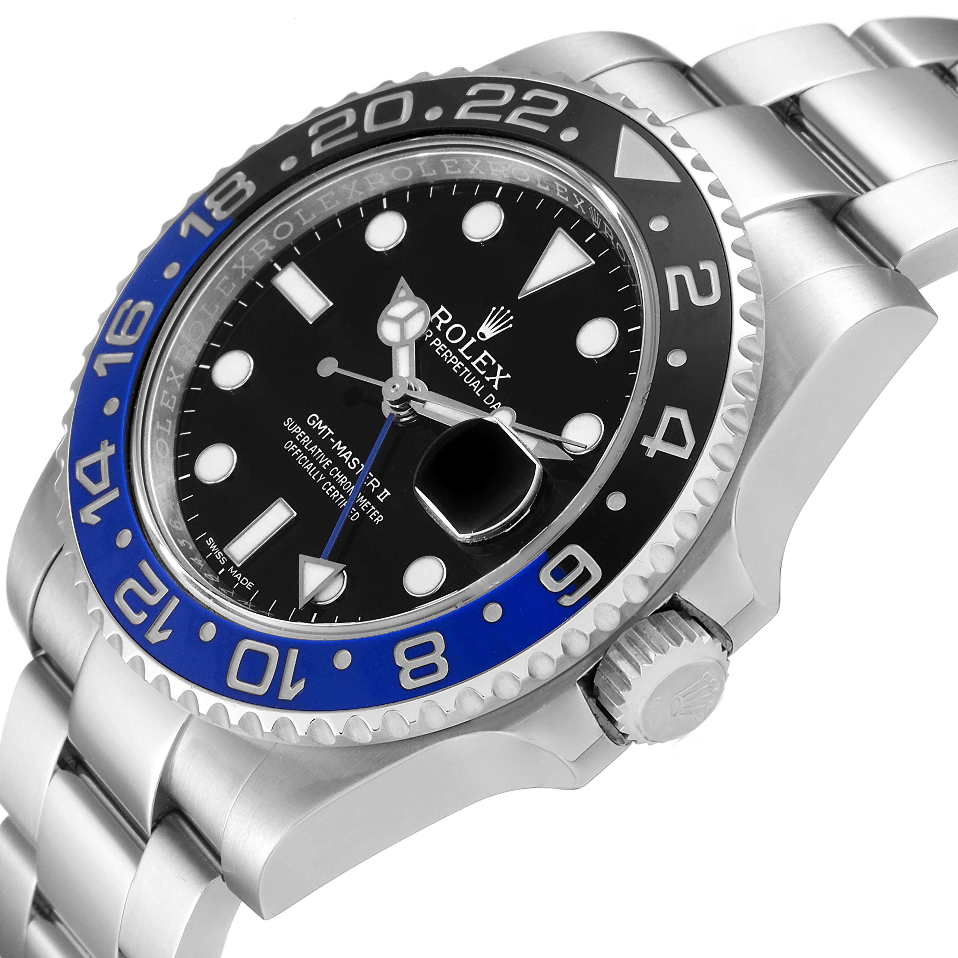 The image showcases a Rolex GMT-Master 116710 Men
s Stainless Steel Black Dial 116710 Men
s Stainless Steel Black Dial II watch from a tilted angle, highlighting the bezel, dial, crown, and bracelet.