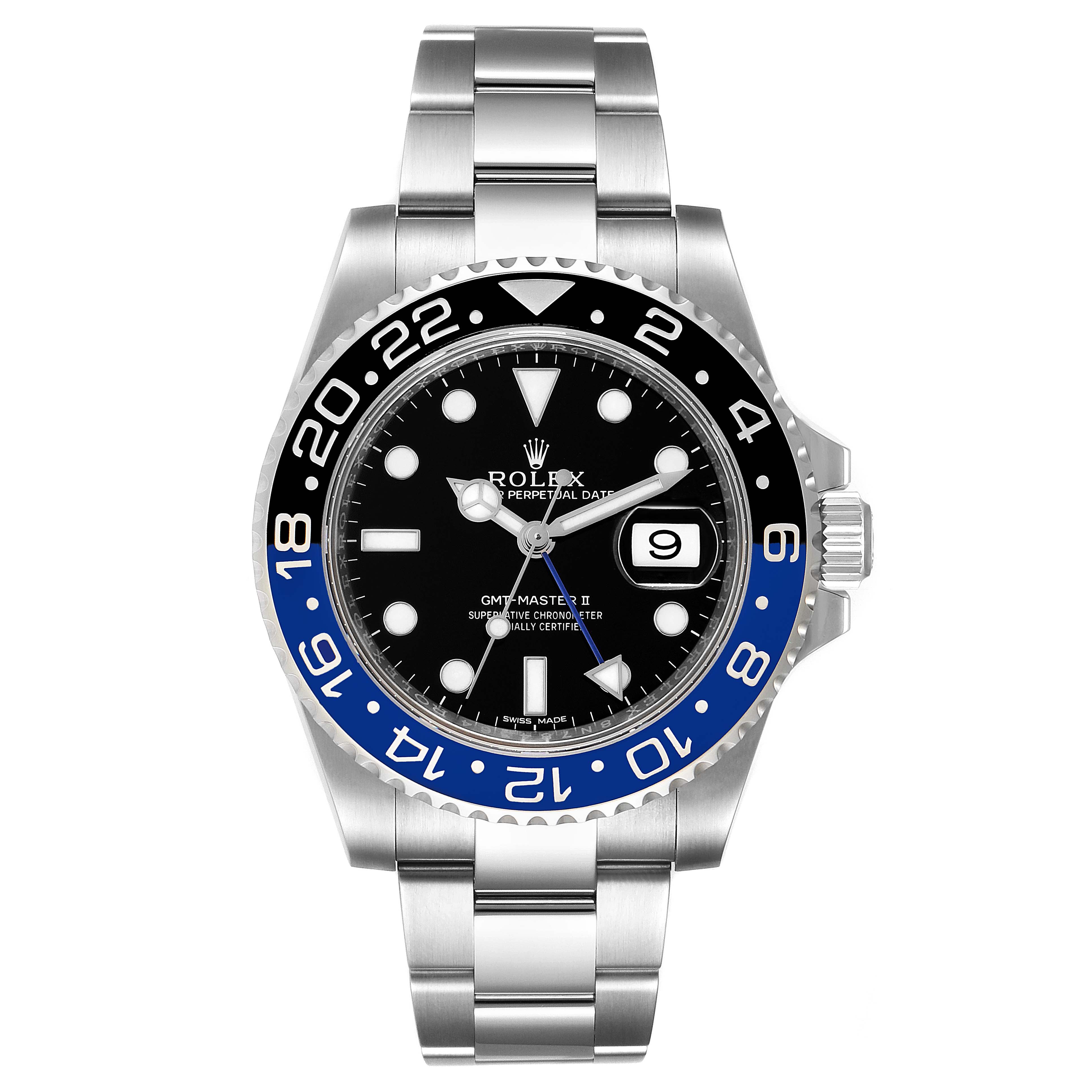 The image shows a front view of the Rolex GMT-Master 116710 Men
s Stainless Steel Black Dial 116710 Men
s Stainless Steel Black Dial II watch, displaying the face, bezel, and bracelet.
