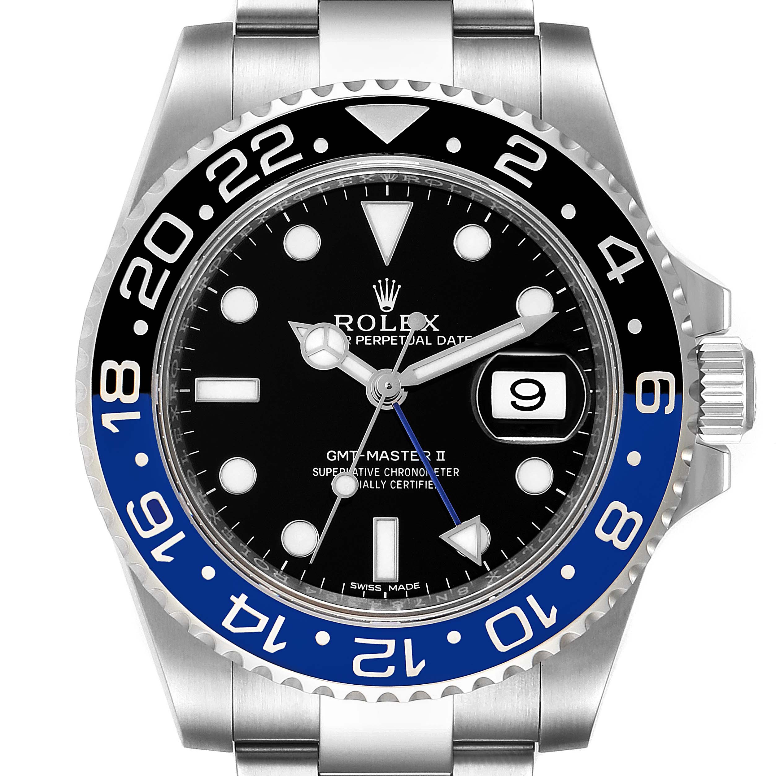 This image shows a front angle of a Rolex GMT-Master 116710 Men
s Stainless Steel Black Dial 116710 Men
s Stainless Steel Black Dial II watch, highlighting the dial, hands, bezel, and part of the bracelet.