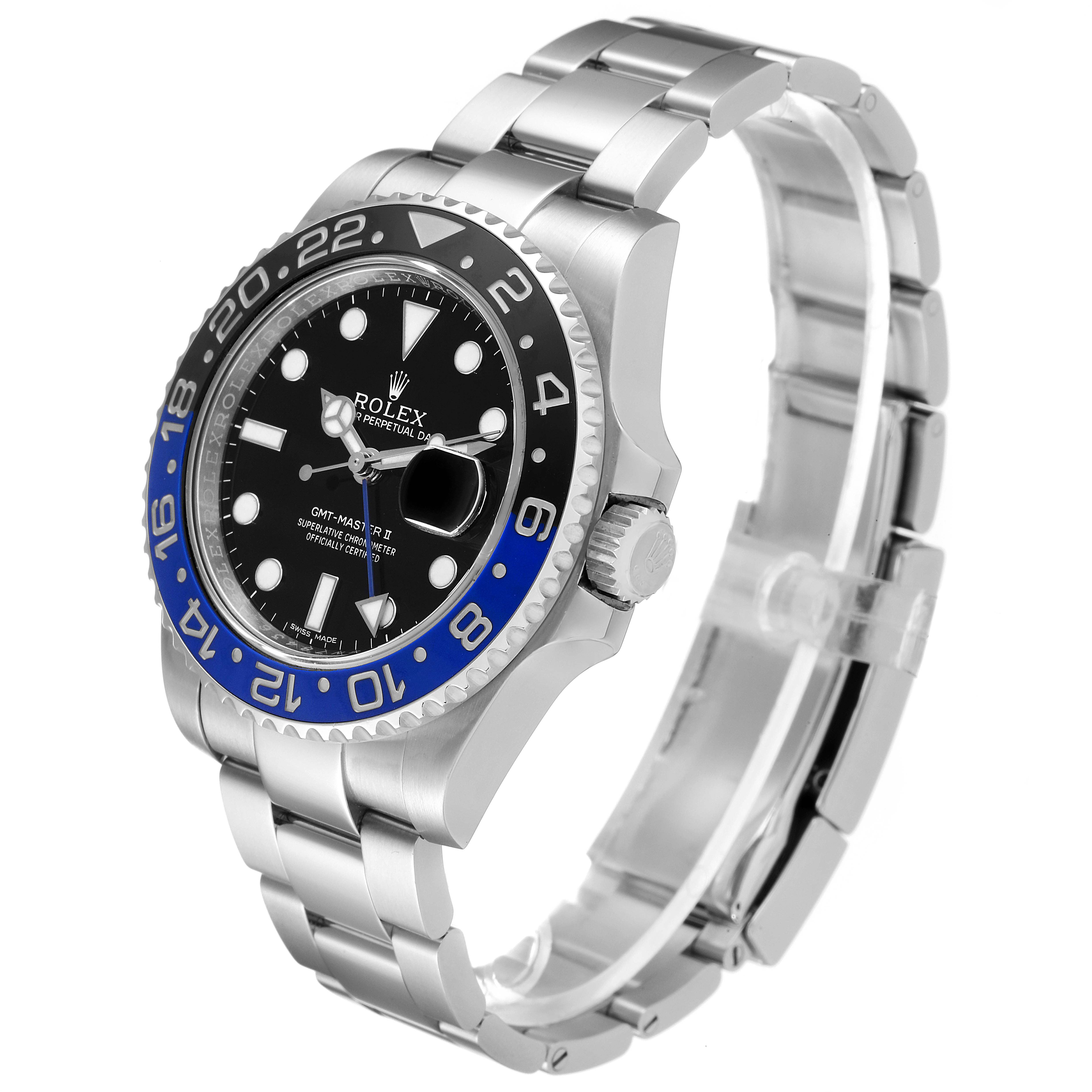 The image shows a side angle of a Rolex GMT-Master 116710 Men
s Stainless Steel Black Dial 116710 Men
s Stainless Steel Black Dial II watch, highlighting its bezel, dial, crown, and bracelet.