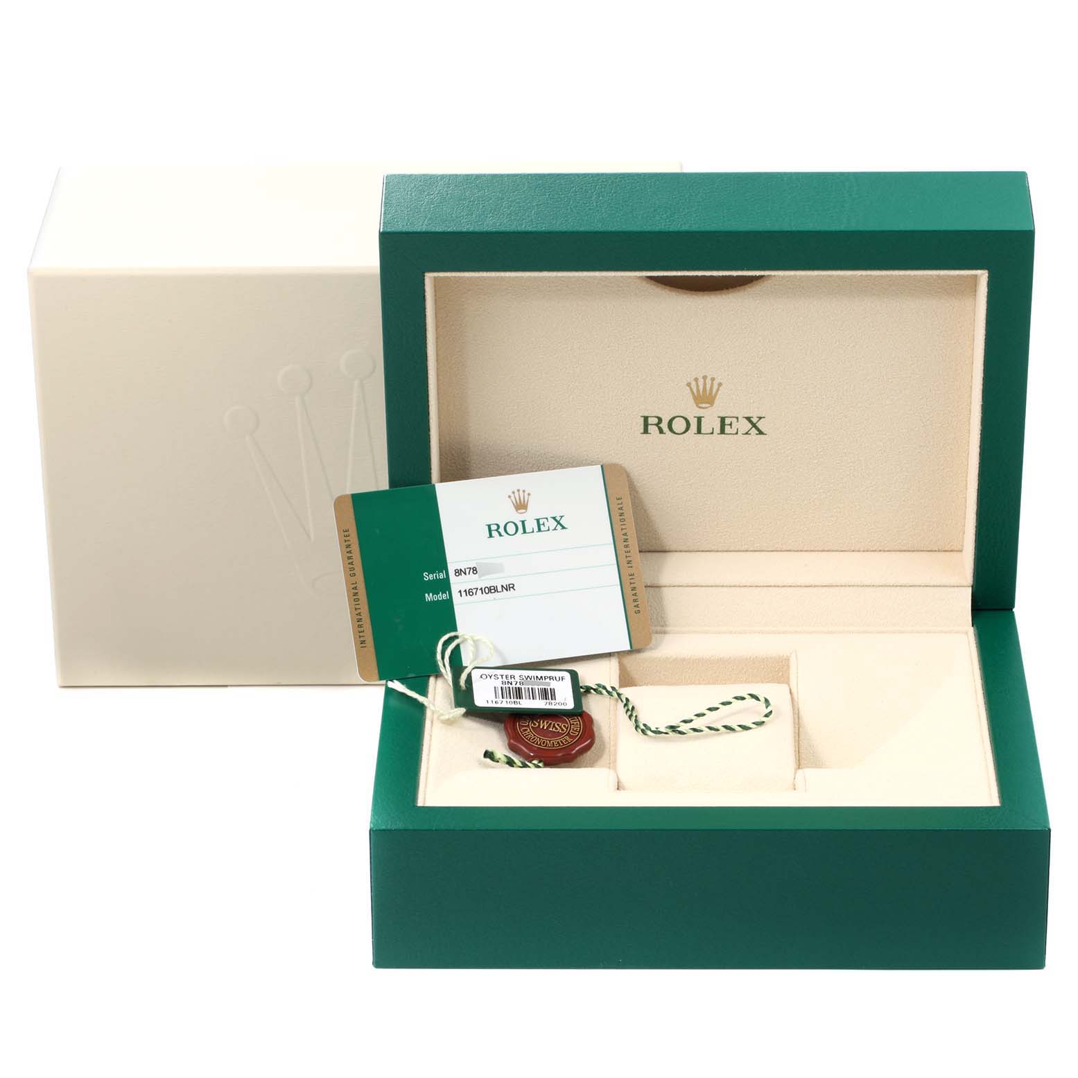 The image shows the open packaging for a Rolex GMT-Master 116710 Men
s Stainless Steel Black Dial 116710 Men
s Stainless Steel Black Dial watch, including the box, tags, and certificate.