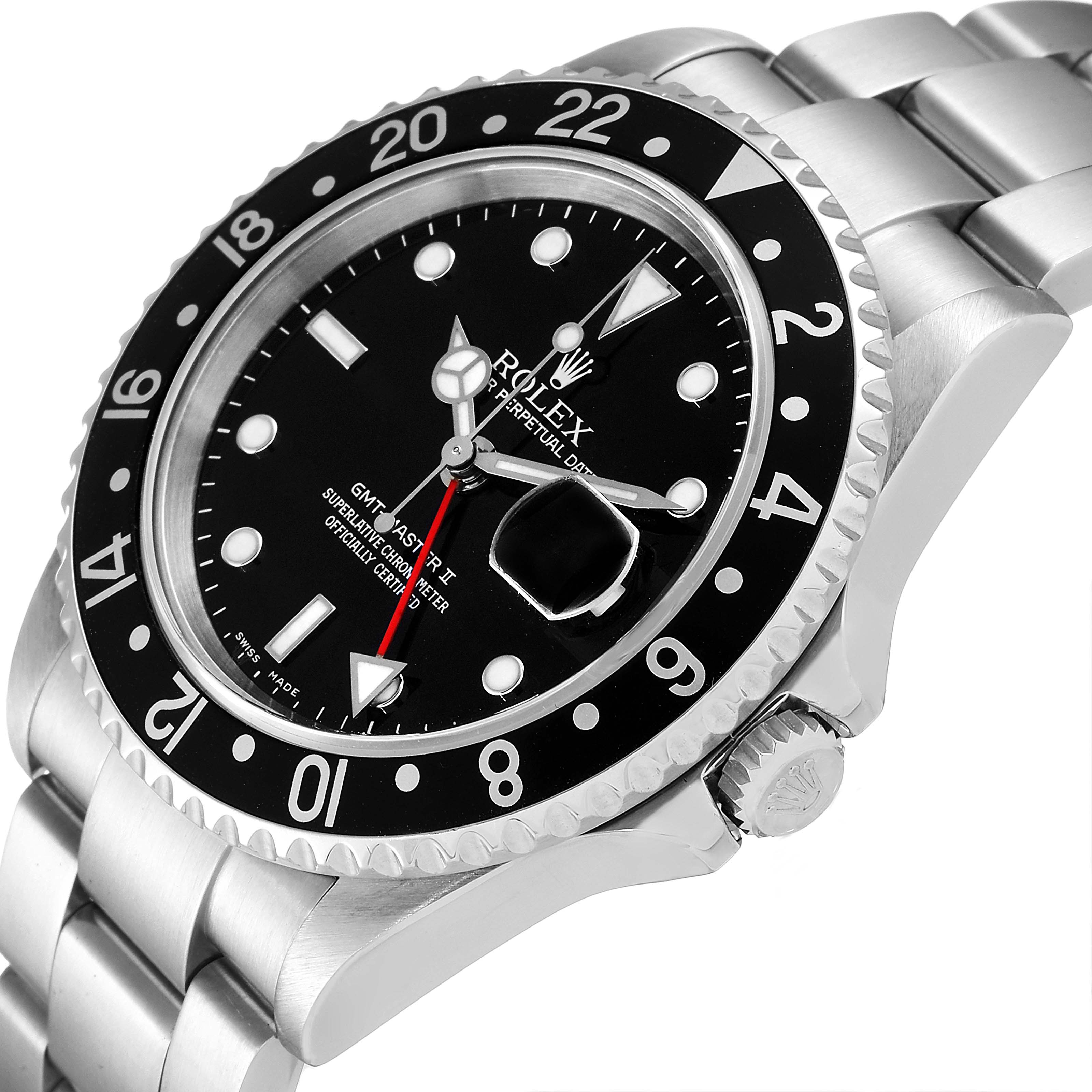 The image shows a side angle of the Rolex GMT-Master 16710 Men
s Stainless Steel Black Dial 16710 Men
s Stainless Steel Black Dial II, focusing on the bezel, dial, and part of the bracelet.