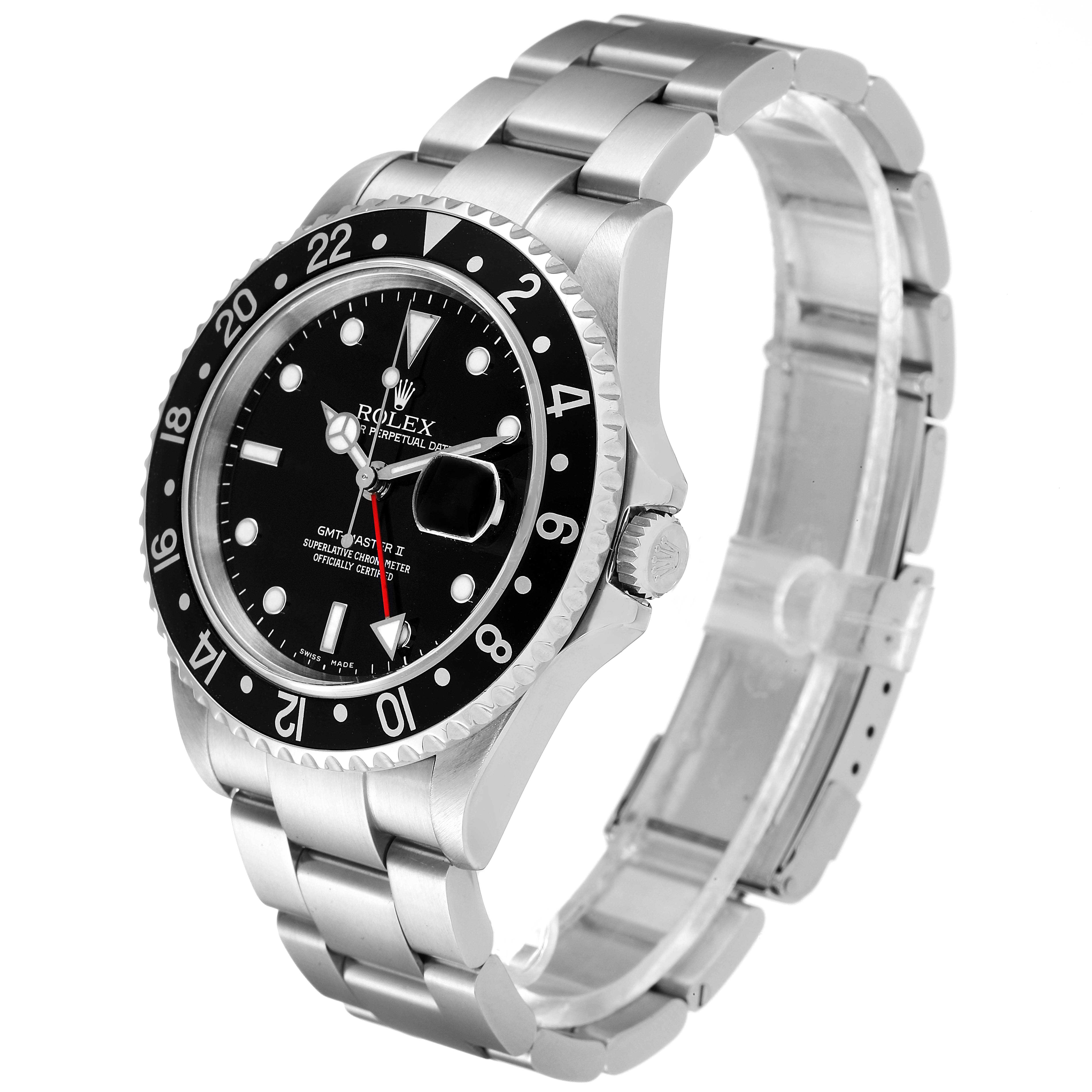 The Rolex GMT-Master 16710 Men
s Stainless Steel Black Dial 16710 Men
s Stainless Steel Black Dial watch is photographed at a three-quarter angle, showcasing the bezel, dial, crown, and bracelet.