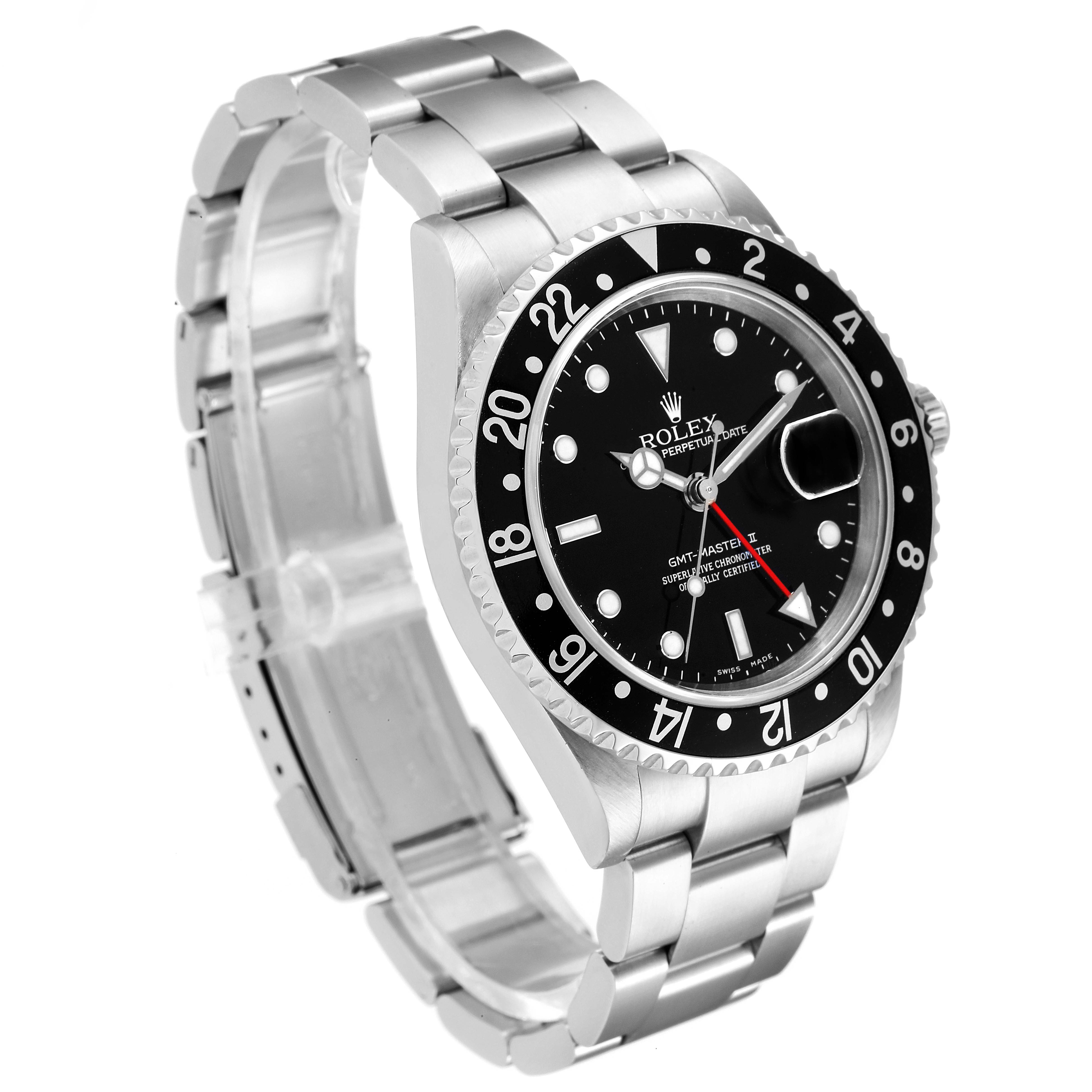 This image shows a Rolex GMT-Master 16710 Men
s Stainless Steel Black Dial 16710 Men
s Stainless Steel Black Dial watch at a slight angle highlighting its bezel, dial, and bracelet.