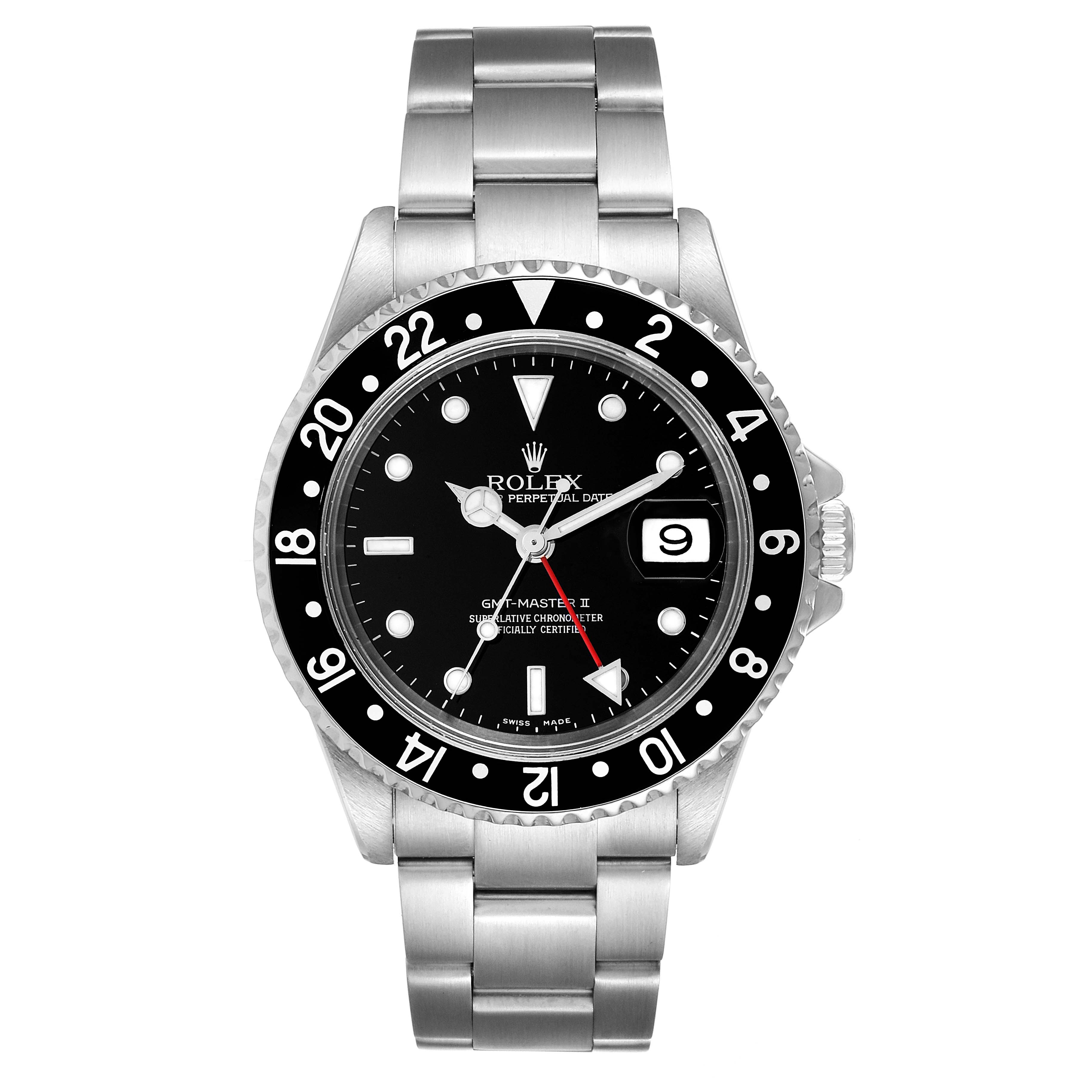 The image shows a front view of the Rolex GMT-Master 16710 Men
s Stainless Steel Black Dial 16710 Men
s Stainless Steel Black Dial II watch, displaying the dial, bezel, and bracelet.