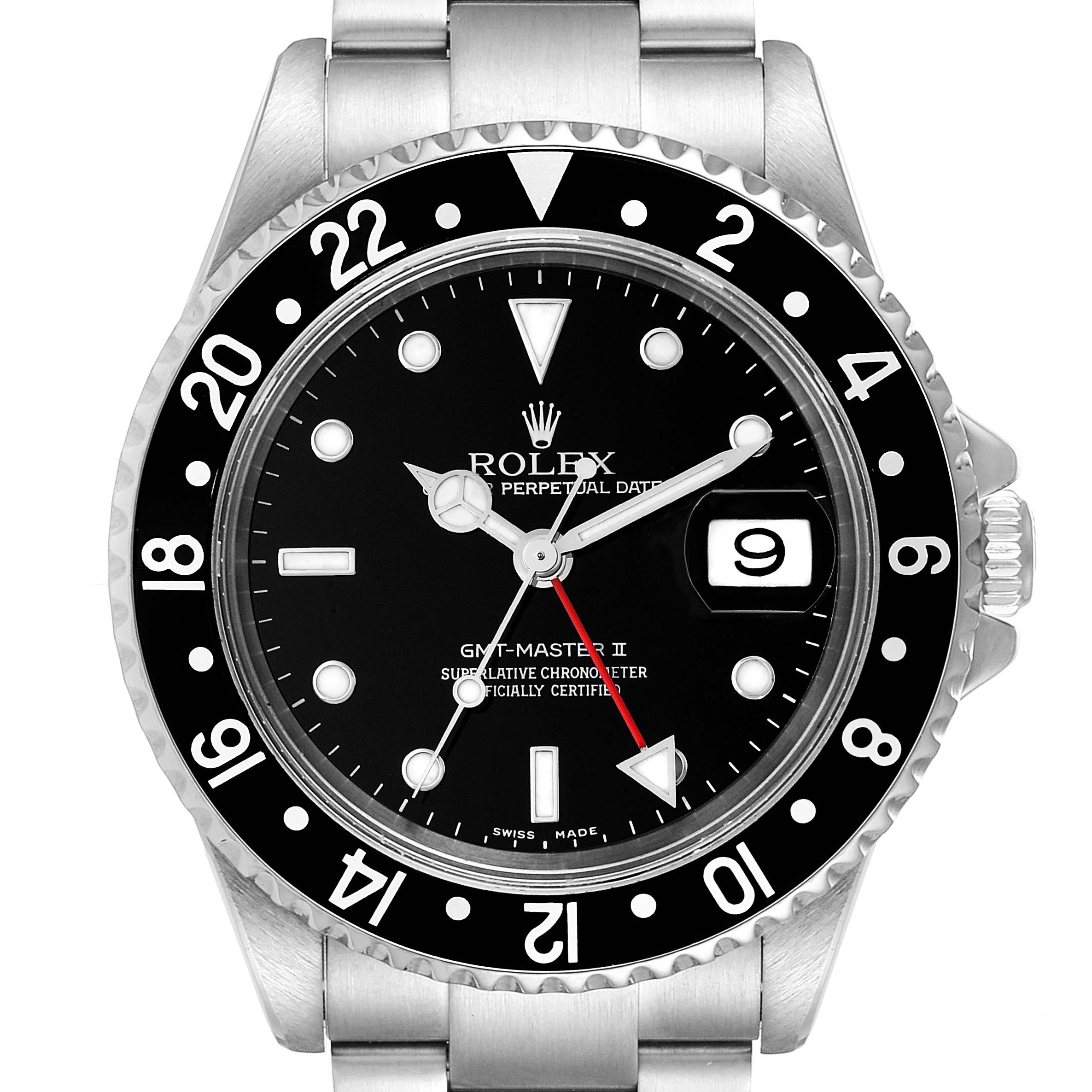 The image shows a frontal view of a Rolex GMT-Master 16710 Men
s Stainless Steel Black Dial 16710 Men
s Stainless Steel Black Dial II watch, highlighting the bezel, dial, and bracelet.