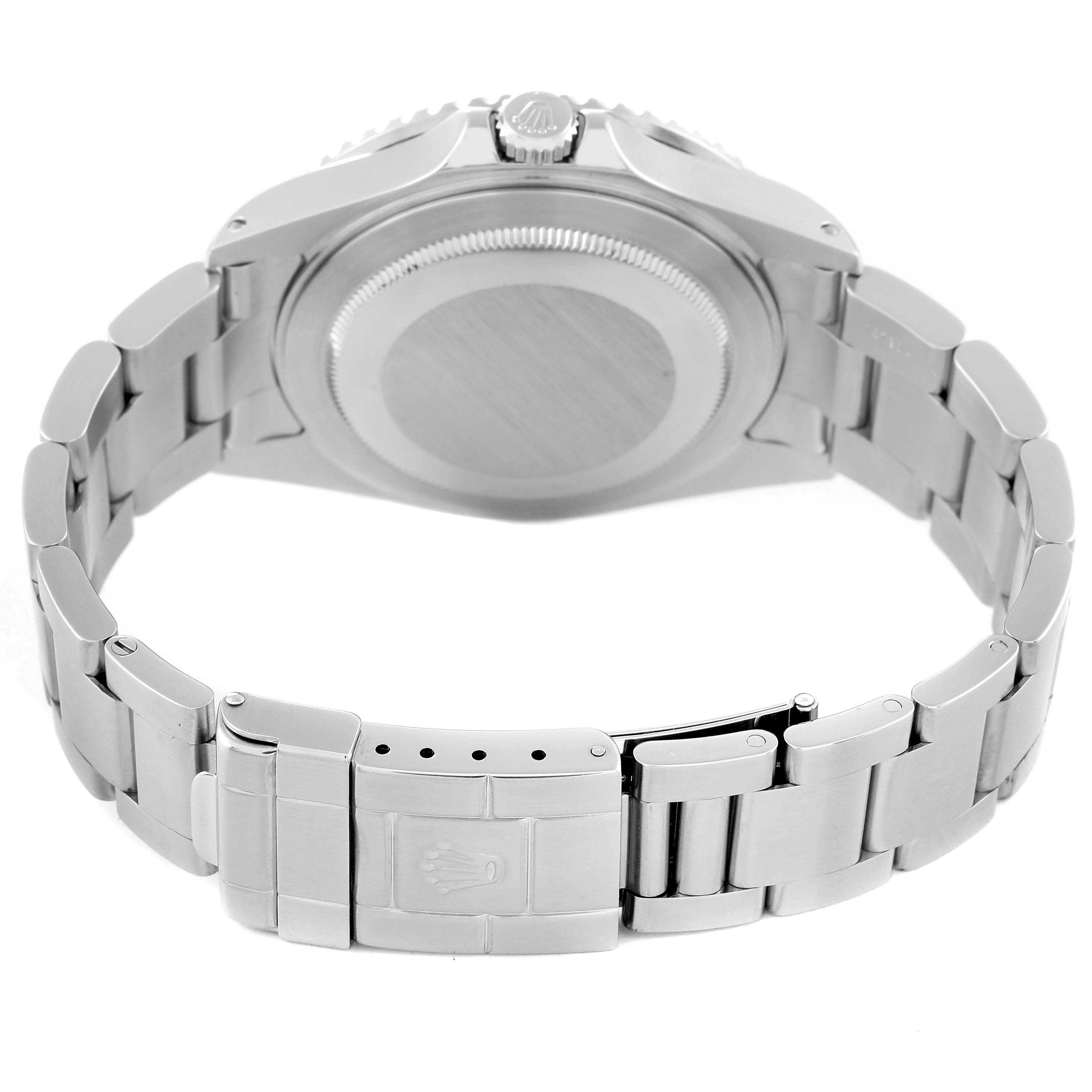 The image shows the back of a Rolex GMT-Master 16710 Men's Stainless Steel Black Dial 16710 Men's Stainless Steel Black Dial watch, highlighting its clasp and stainless steel bracelet.