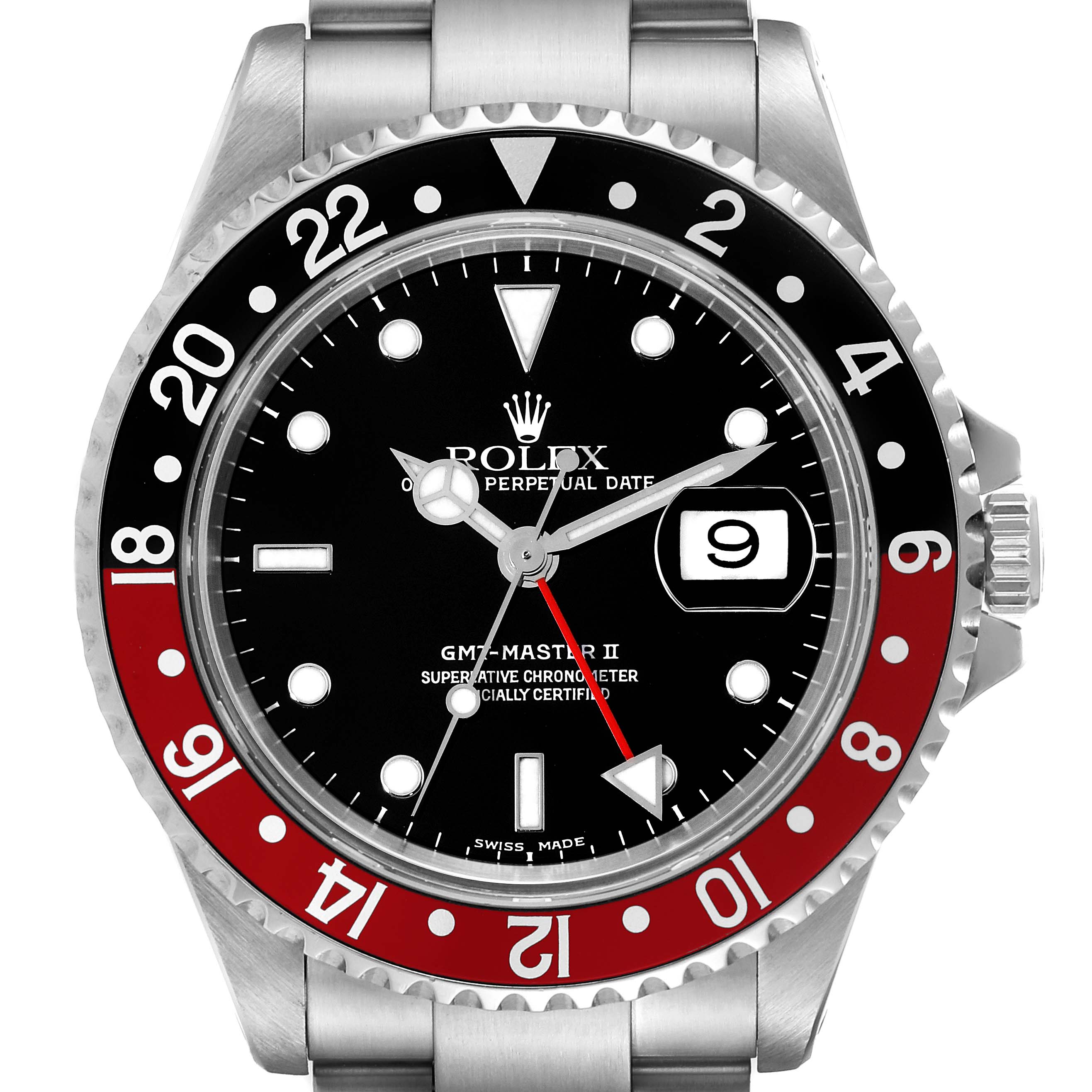 The image shows a front view of a Rolex GMT-Master 16710 Men's Stainless Steel Black Dial 16710 Men's Stainless Steel Black Dial II watch, highlighting its bezel, dial, hands, and date window.