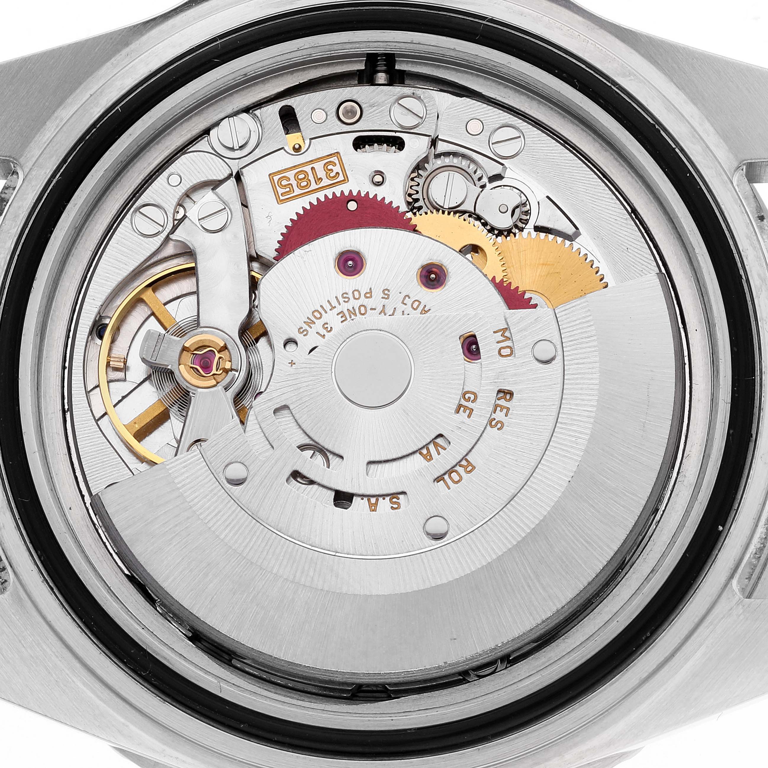 This is a close-up, top-down view of the movement mechanism inside the Rolex GMT-Master 16710 Men's Stainless Steel Black Dial 16710 Men's Stainless Steel Black Dial watch.