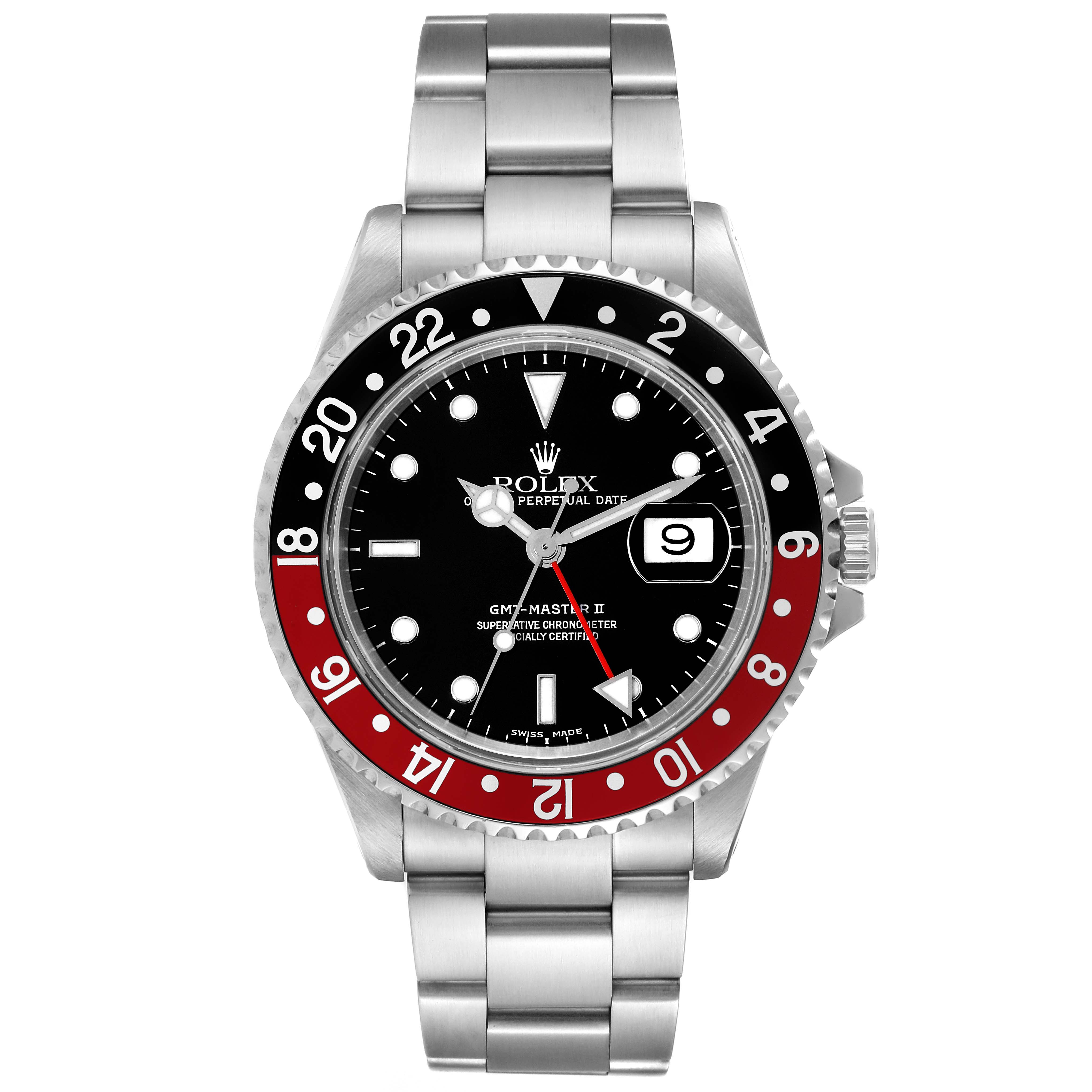 The image shows a Rolex GMT-Master 16710 Men's Stainless Steel Black Dial 16710 Men's Stainless Steel Black Dial II watch from a frontal angle, highlighting its bezel, dial, and bracelet.