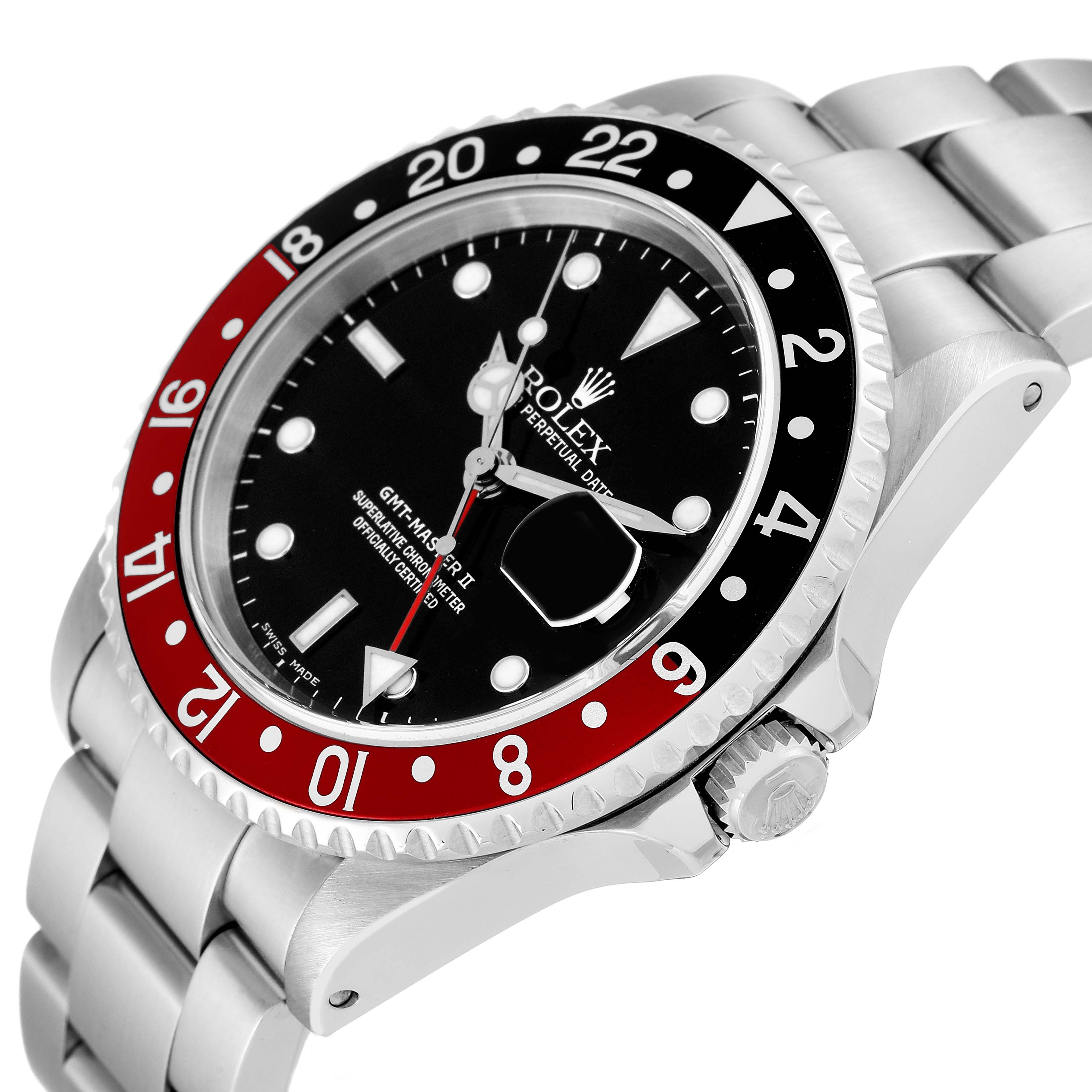 This image shows a close-up, angled side view of a Rolex GMT-Master 16710 Men's Stainless Steel Black Dial 16710 Men's Stainless Steel Black Dial II watch, focusing on the bezel, dial, and bracelet.