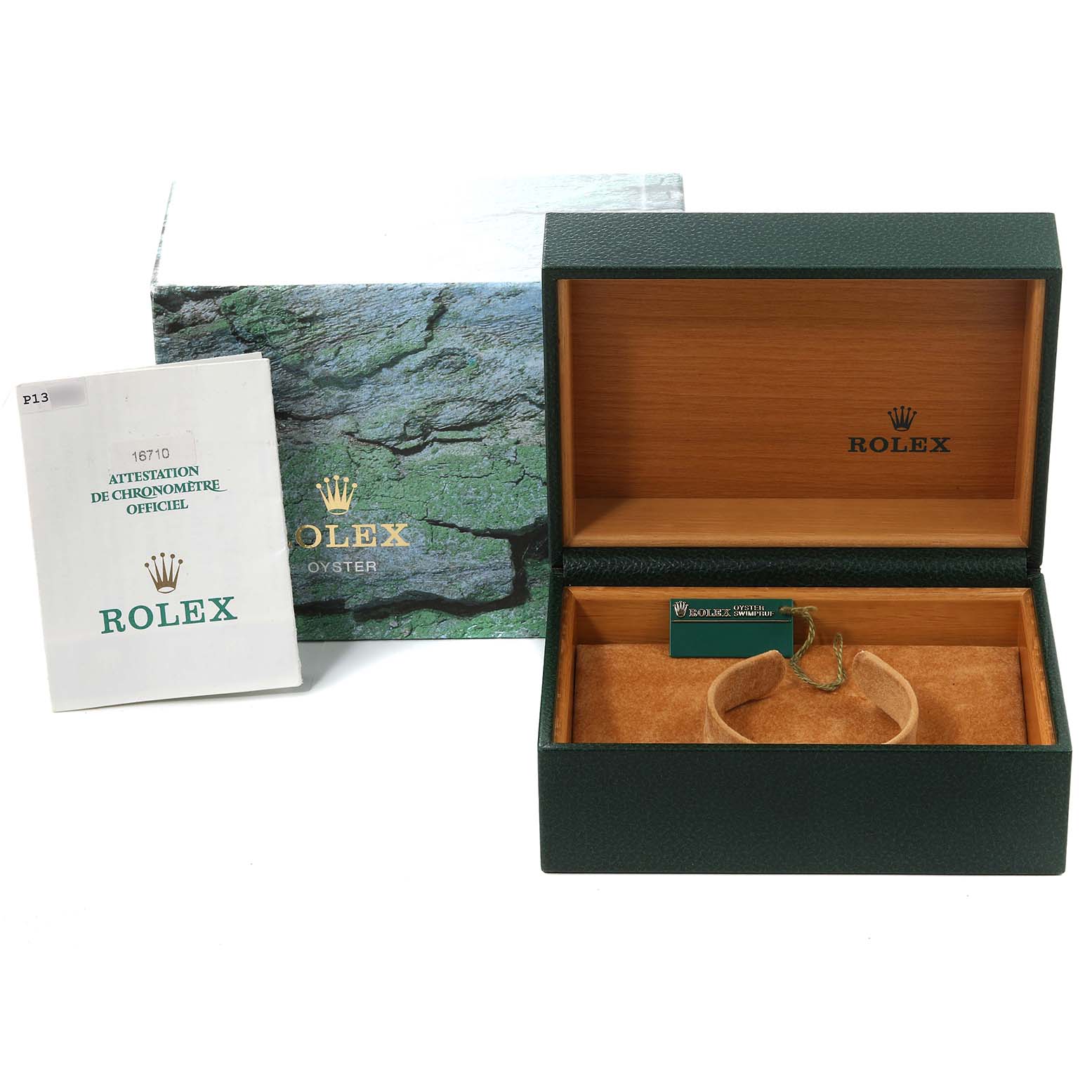 The image shows the packaging and accessories for the Rolex GMT-Master 16710 Men's Stainless Steel Black Dial 16710 Men's Stainless Steel Black Dial, including the watch box, manual, and cushion without the watch.