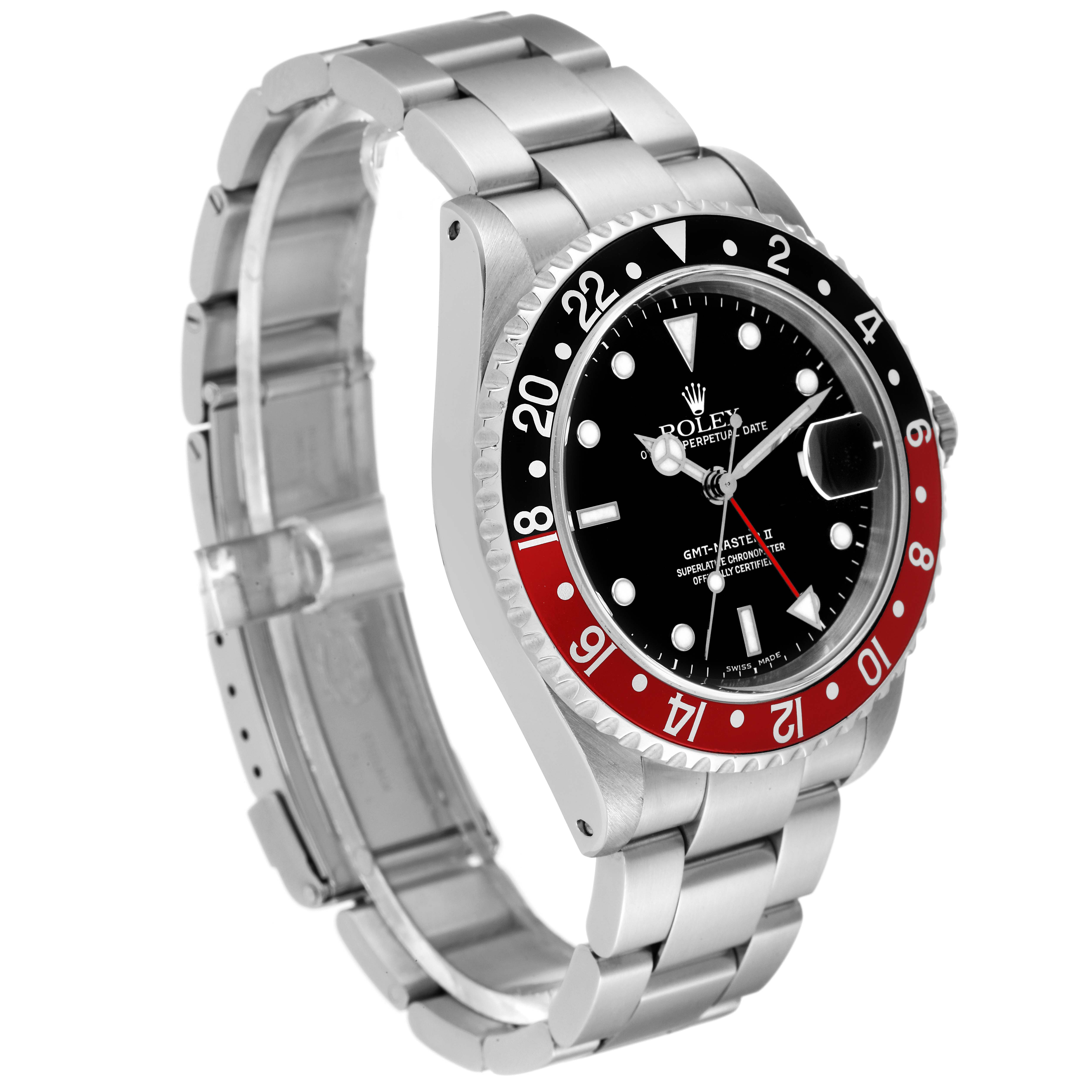 The Rolex GMT-Master 16710 Men's Stainless Steel Black Dial 16710 Men's Stainless Steel Black Dial watch is shown from an angled side view, highlighting its bezel, dial, and stainless steel bracelet.