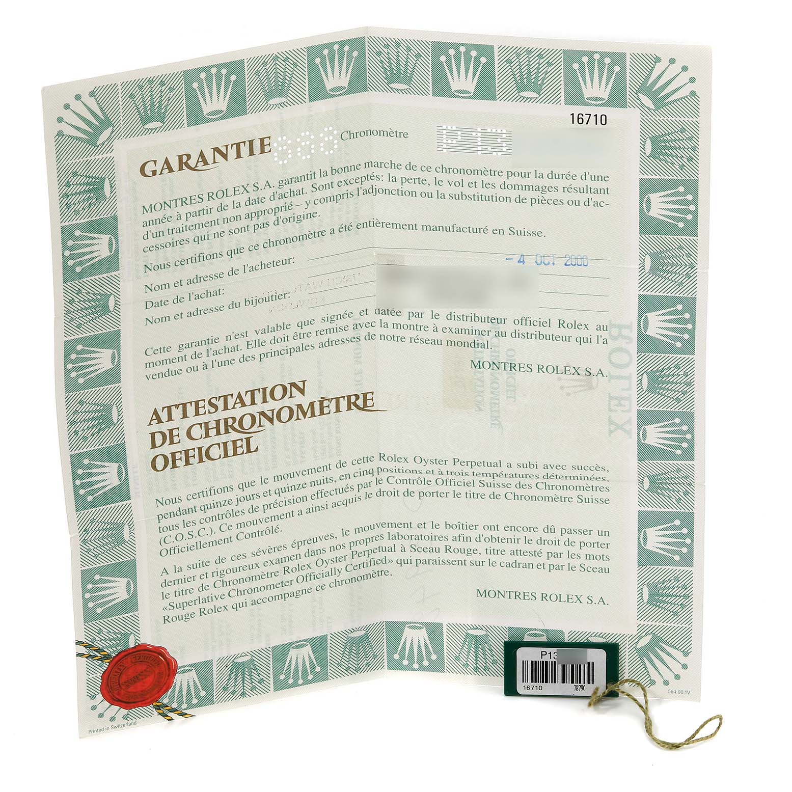 The image shows an official Rolex warranty card and certification for the GMT-Master model.