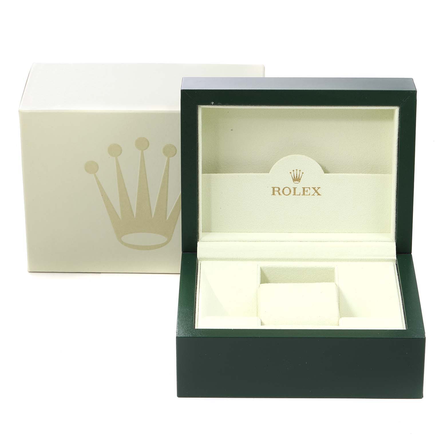 The image shows the open packaging box of a Rolex GMT-Master 16713 Men's Steel and Gold (two tone) Black Dial 16713 Men's Steel and Gold (two tone) Black Dial watch, displaying the inner cushion and compartments.