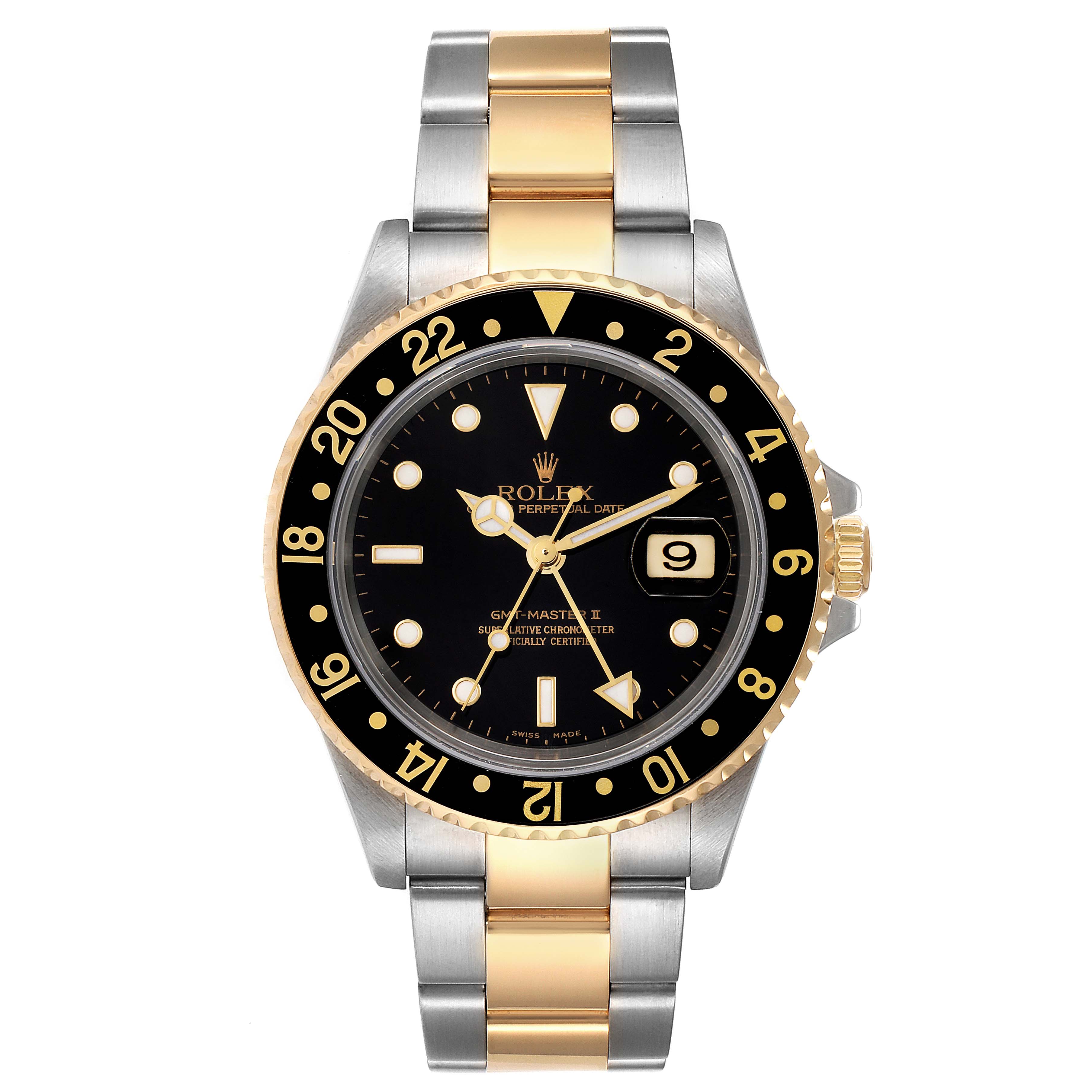 The Rolex GMT-Master 16713 Men's Steel and Gold (two tone) Black Dial 16713 Men's Steel and Gold (two tone) Black Dial watch is shown from a straight-on angle, highlighting its black dial, two-tone bracelet, and date magnifier.