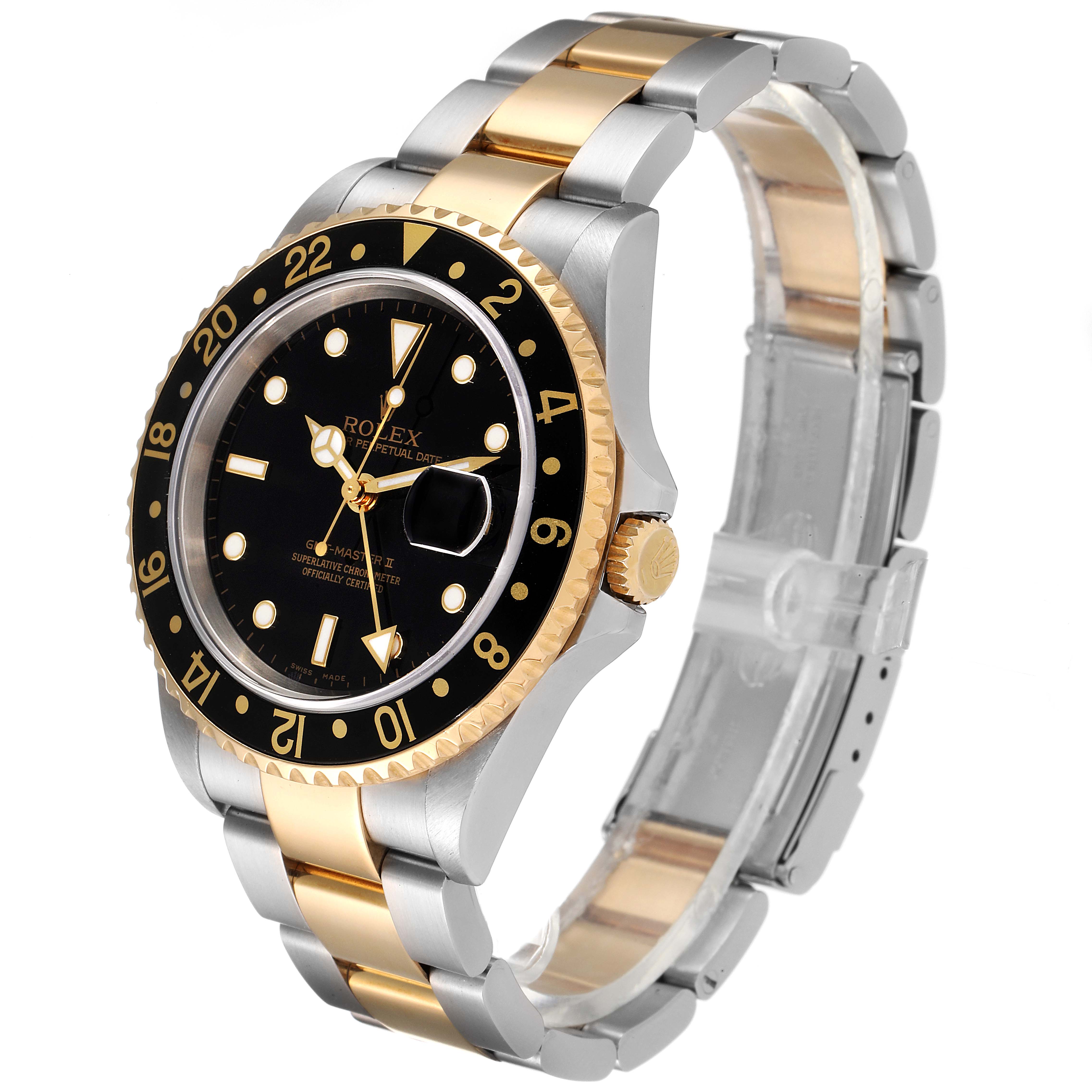 This image shows a side and front view of a Rolex GMT-Master 16713 Men's Steel and Gold (two tone) Black Dial 16713 Men's Steel and Gold (two tone) Black Dial watch, highlighting its two-tone bracelet and black dial with gold accents.