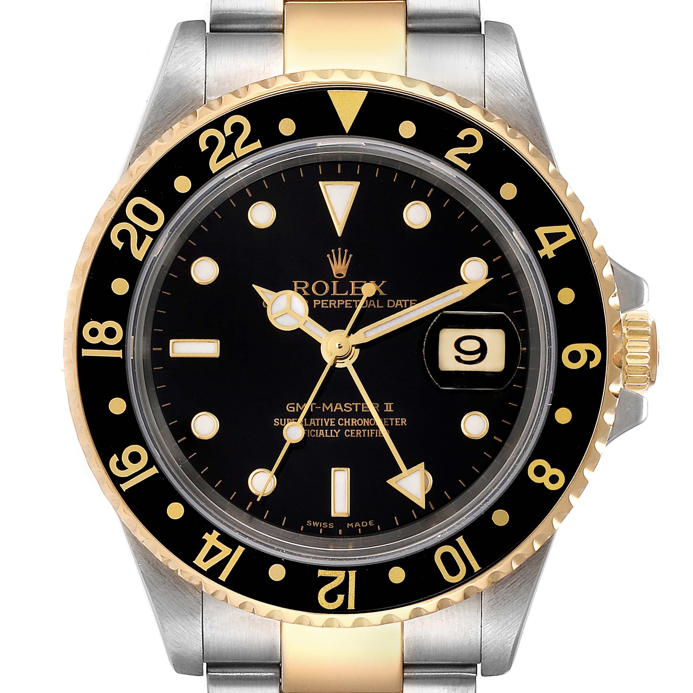 The image shows a front view of the Rolex GMT-Master 16713 Men's Steel and Gold (two tone) Black Dial 16713 Men's Steel and Gold (two tone) Black Dial II watch, highlighting its face, bezel, and bracelet.