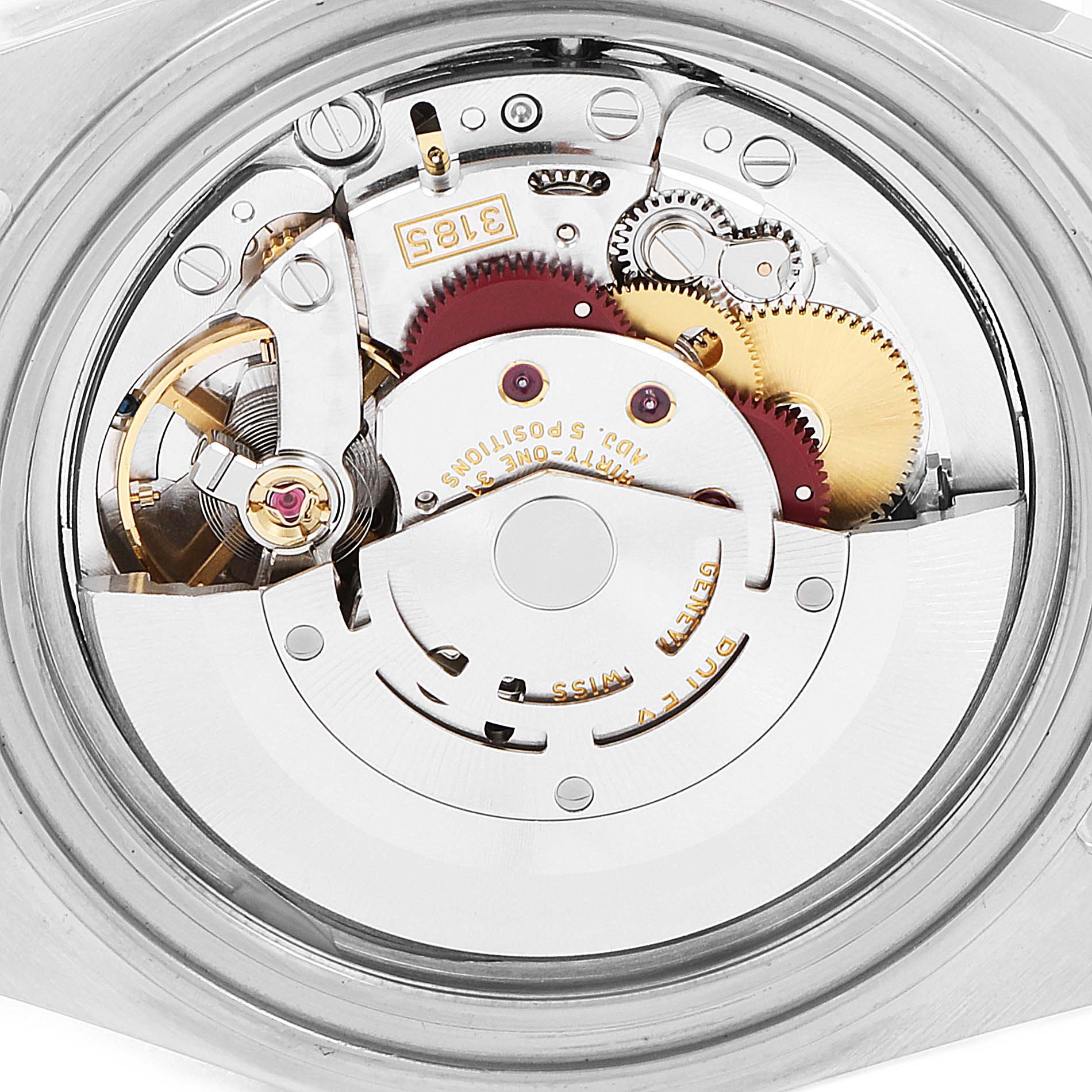 This image shows the open case back view of a Rolex GMT-Master 16713 Men's Steel and Gold (two tone) Black Dial 16713 Men's Steel and Gold (two tone) Black Dial, revealing its intricate movement components.