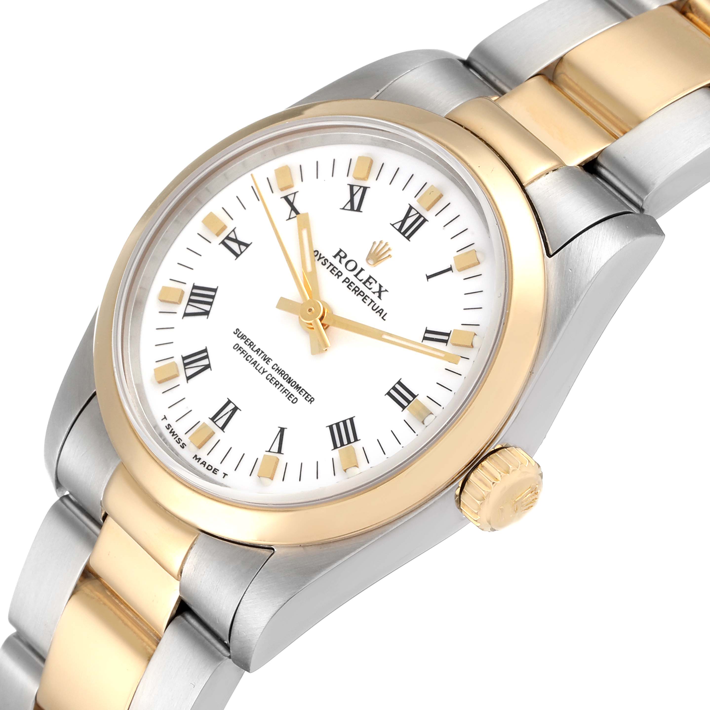 The image shows a Rolex Oyster Perpetual Mid-Size watch at an angle displaying the face, bezel, crown, and part of the bracelet.