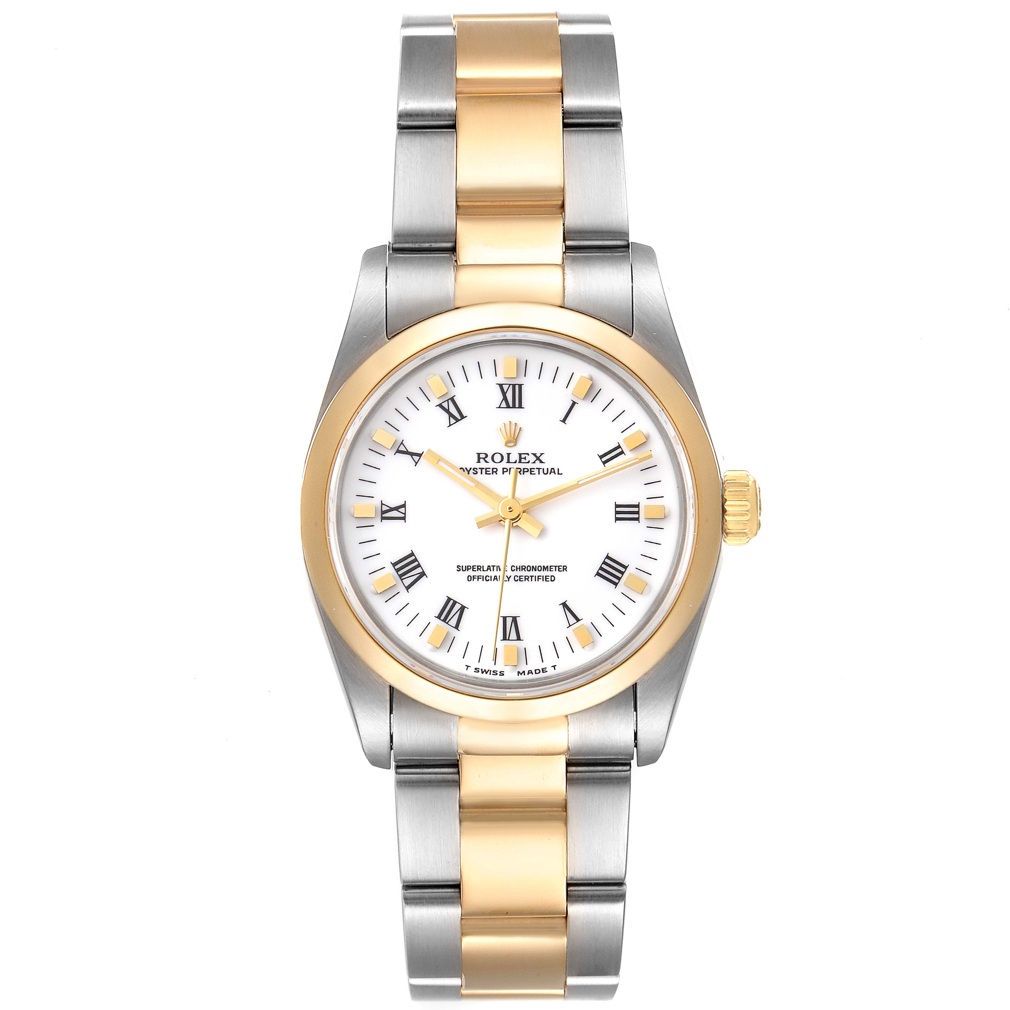The image shows a front view of a Mid-Size Rolex Oyster Perpetual watch with a gold and stainless steel bracelet.