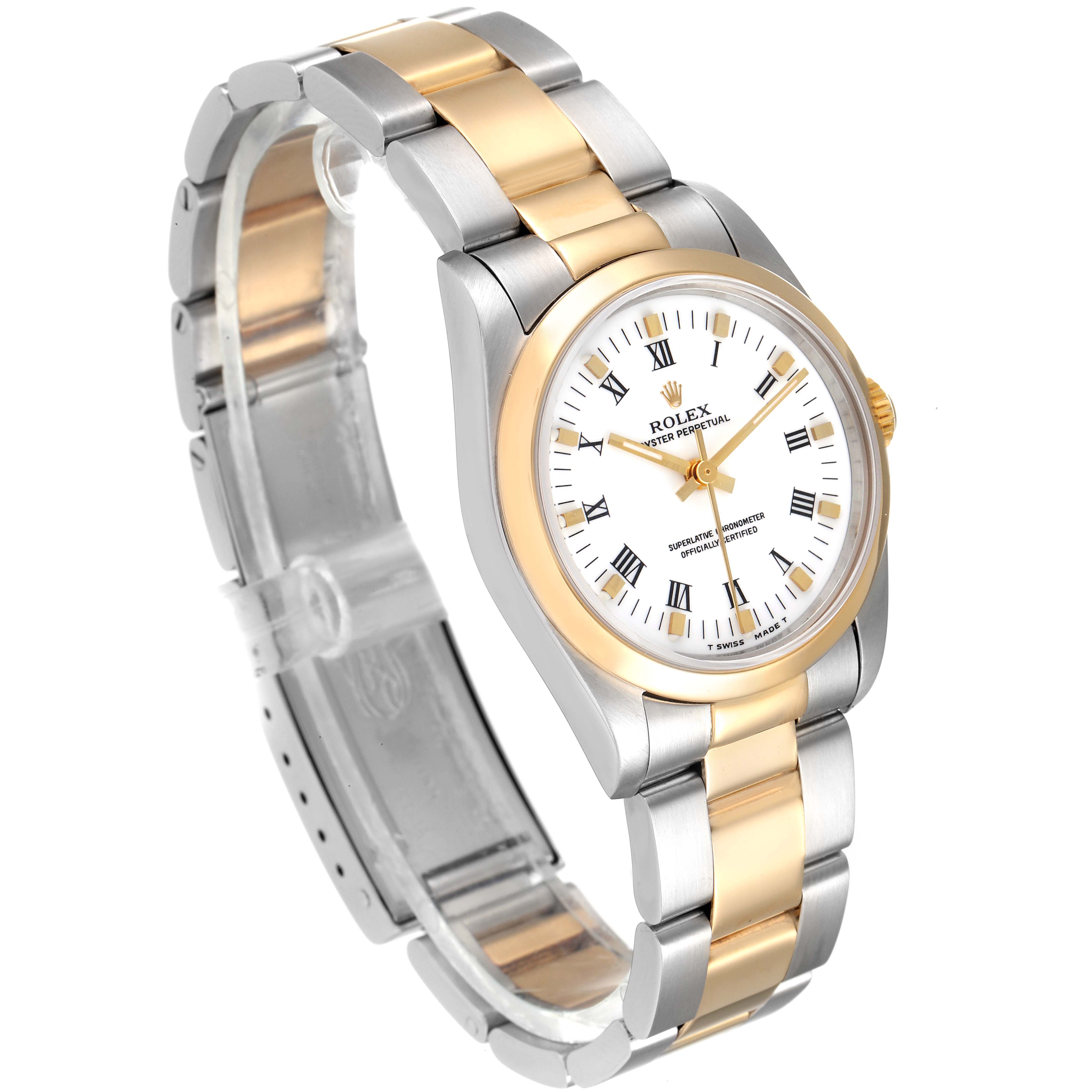 The image shows a Rolex Mid-Size 67483 Women
s Steel and Gold (two tone) White Dial 67483 Women
s Steel and Gold (two tone) White Dial model watch at an angle displaying the face, bezel, and two-tone bracelet.