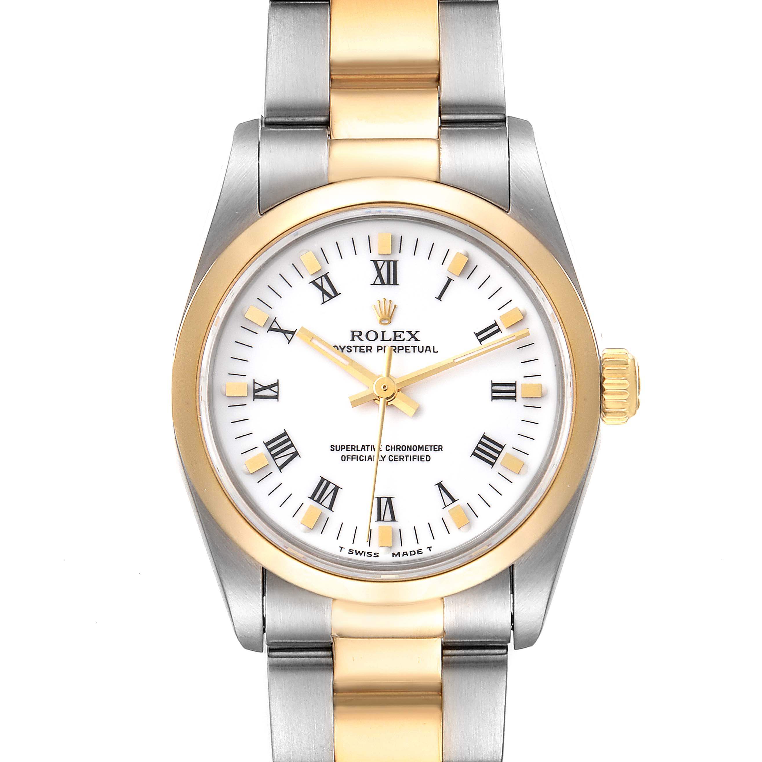 This Rolex Mid-Size 67483 Women
s Steel and Gold (two tone) White Dial 67483 Women
s Steel and Gold (two tone) White Dial model is shown from the front, displaying the face, bezel, and part of the bracelet.