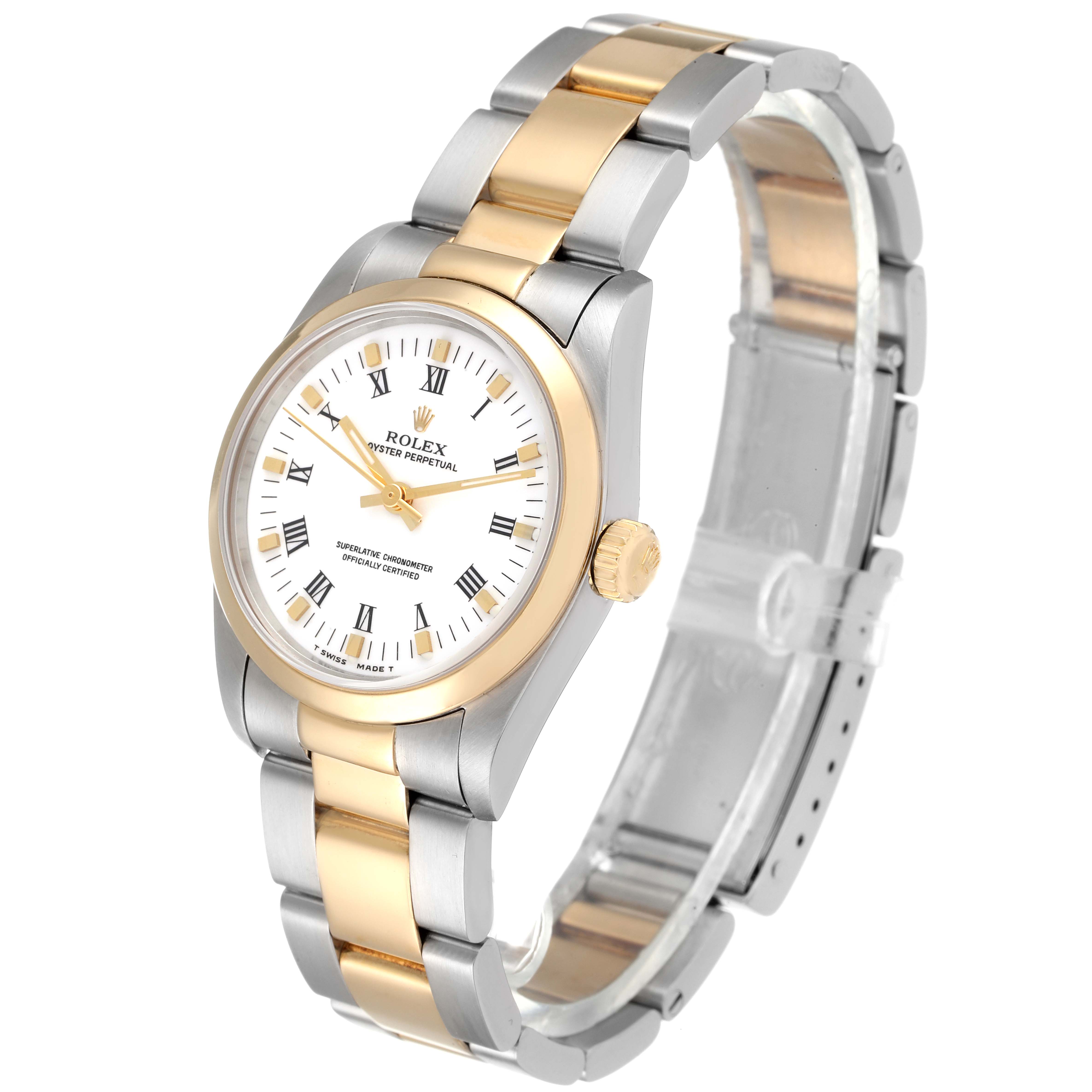 The image shows a Rolex Mid-Size 67483 Women
s Steel and Gold (two tone) White Dial 67483 Women
s Steel and Gold (two tone) White Dial watch at a three-quarter angle, displaying the face, bezel, crown, and bracelet.
