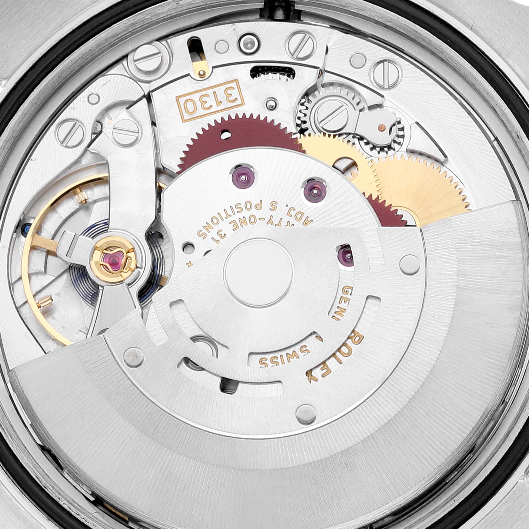 The image shows the intricate interior mechanism of a Rolex Oyster Perpetual 116000 Men's Stainless Steel Purple Dial 116000 Men's Stainless Steel Purple Dial watch, captured from the back.