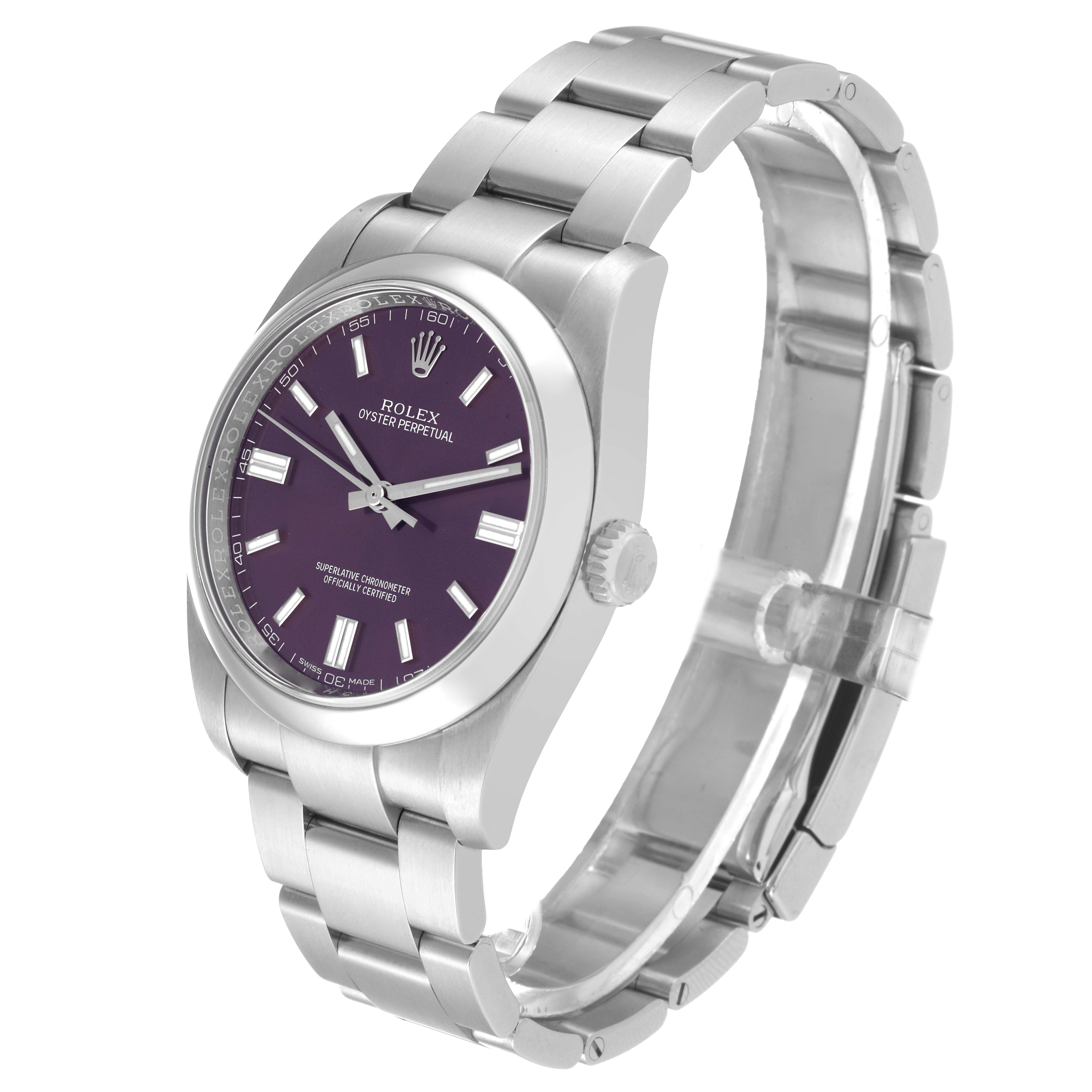 This image shows a Rolex Oyster Perpetual 116000 Men's Stainless Steel Purple Dial 116000 Men's Stainless Steel Purple Dial watch at a front-side angle, highlighting the dial, bezel, case, and bracelet.