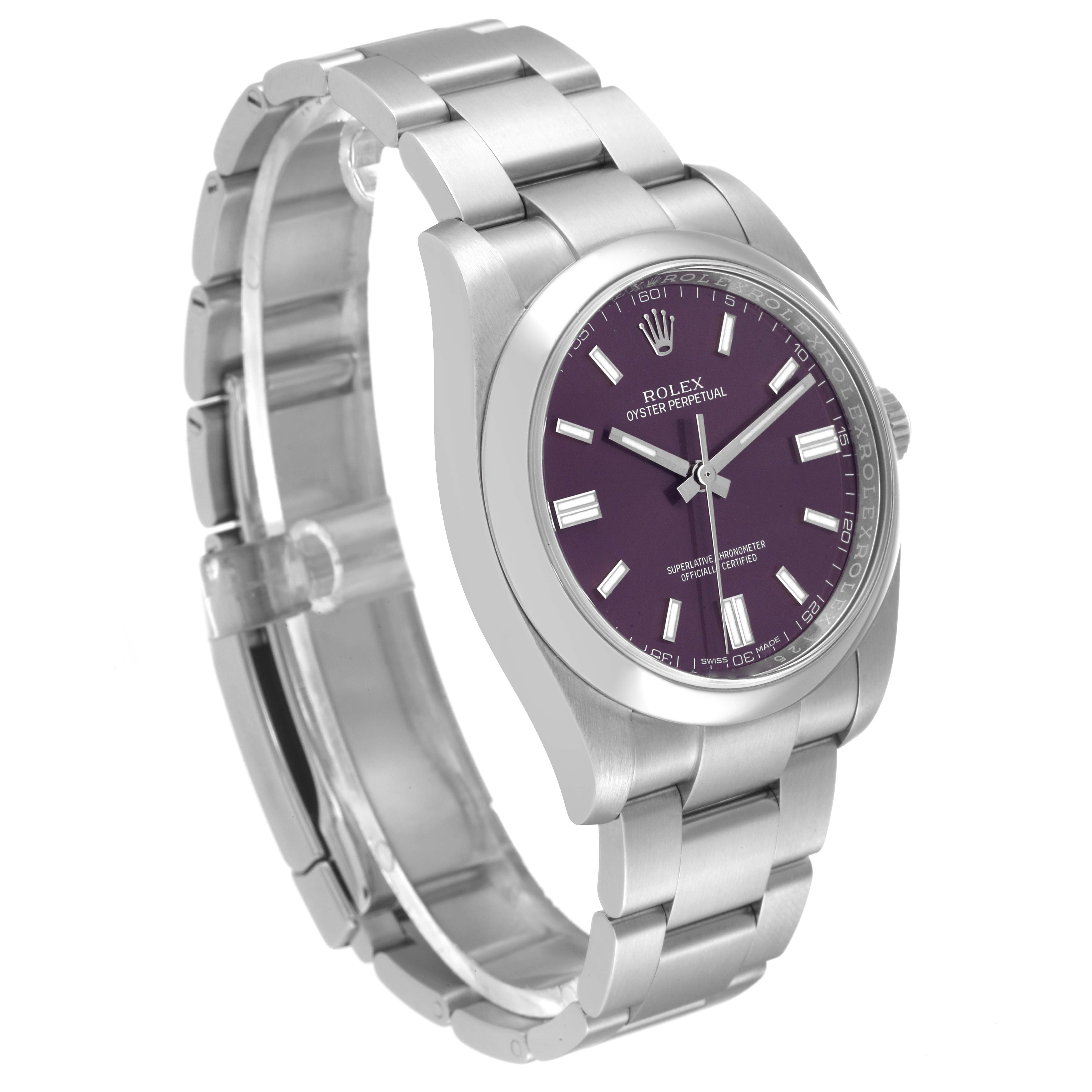 The Rolex Oyster Perpetual 116000 Men's Stainless Steel Purple Dial 116000 Men's Stainless Steel Purple Dial watch is shown at a three-quarter angle, displaying its purple dial, bezel, and bracelet.