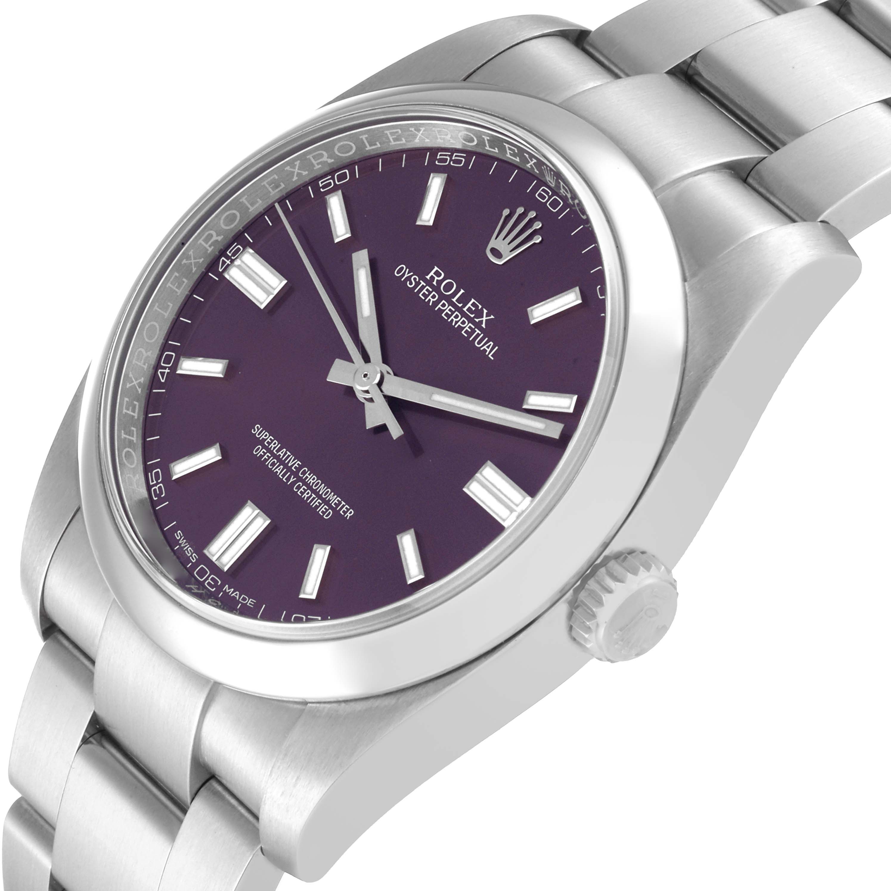 The image shows a close-up angled view of the Rolex Oyster Perpetual 116000 Men's Stainless Steel Purple Dial 116000 Men's Stainless Steel Purple Dial watch, highlighting the face, bezel, and bracelet.