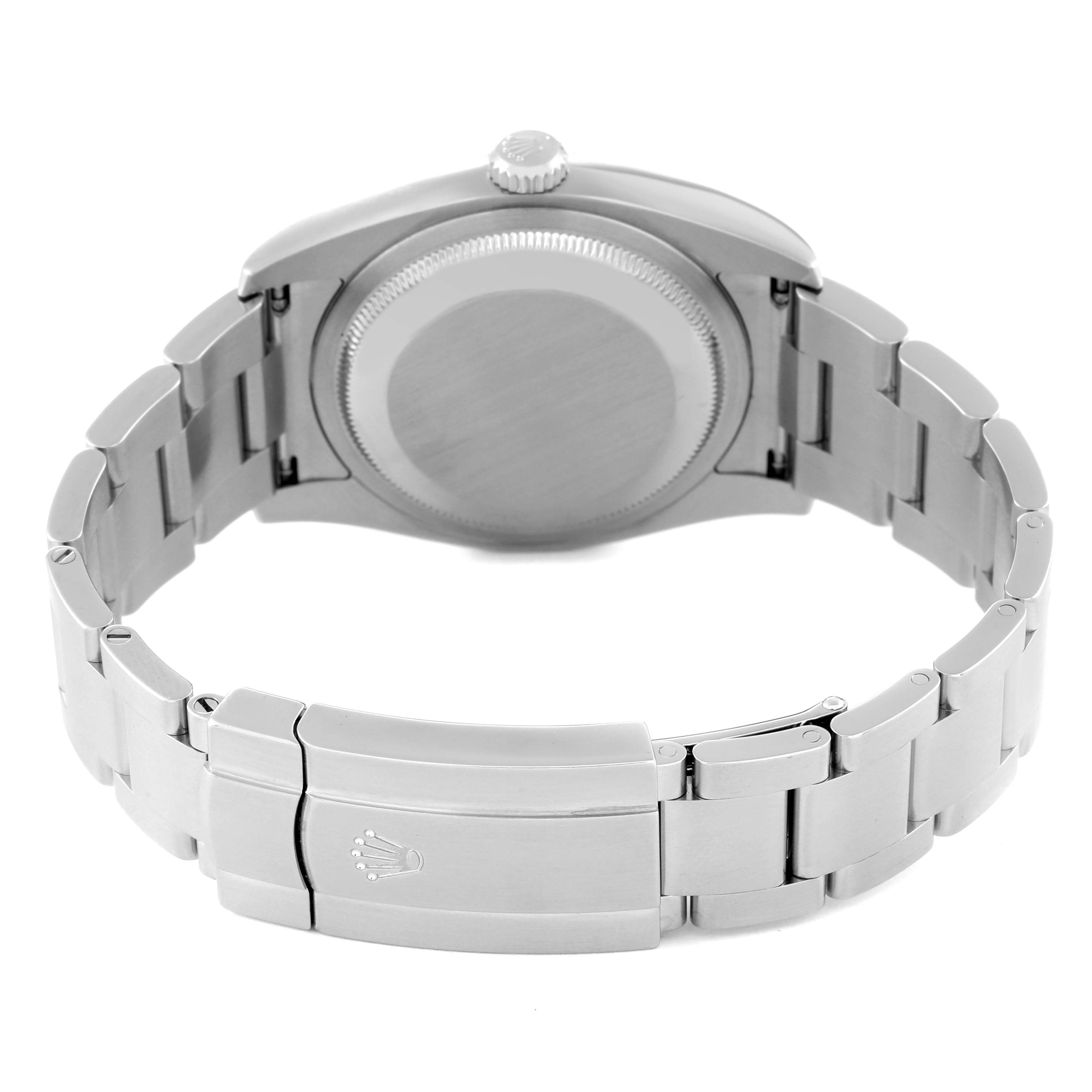 This image shows the back view of a Rolex Oyster Perpetual 116000 Men's Stainless Steel Purple Dial 116000 Men's Stainless Steel Purple Dial watch, highlighting its stainless steel bracelet and clasp.